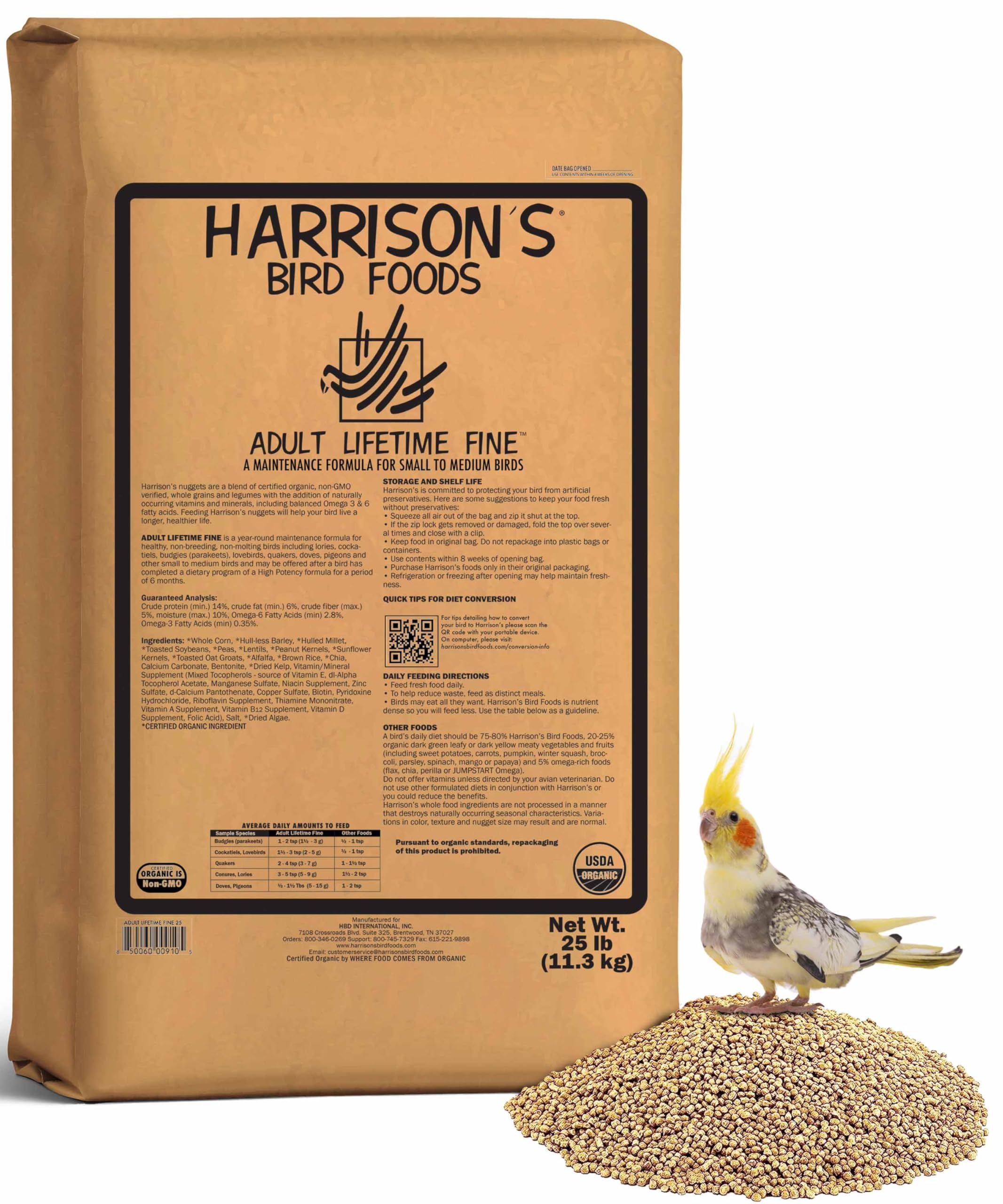 Harrison's Bird Foods Bird Food Adult Lifetime Fine Certified Organic Non-GMO Formula Bird Food 25lbUSDA Organic
