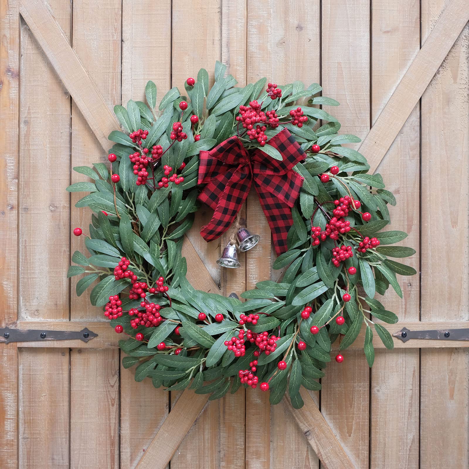 Ghirlanda di oliva di Natale per porta d'ingresso di Natale Red Berry Ghirlanda di foglie di fiocco invernale con bacche rosse e Jingle Bell Farmhouse Front Door Corona