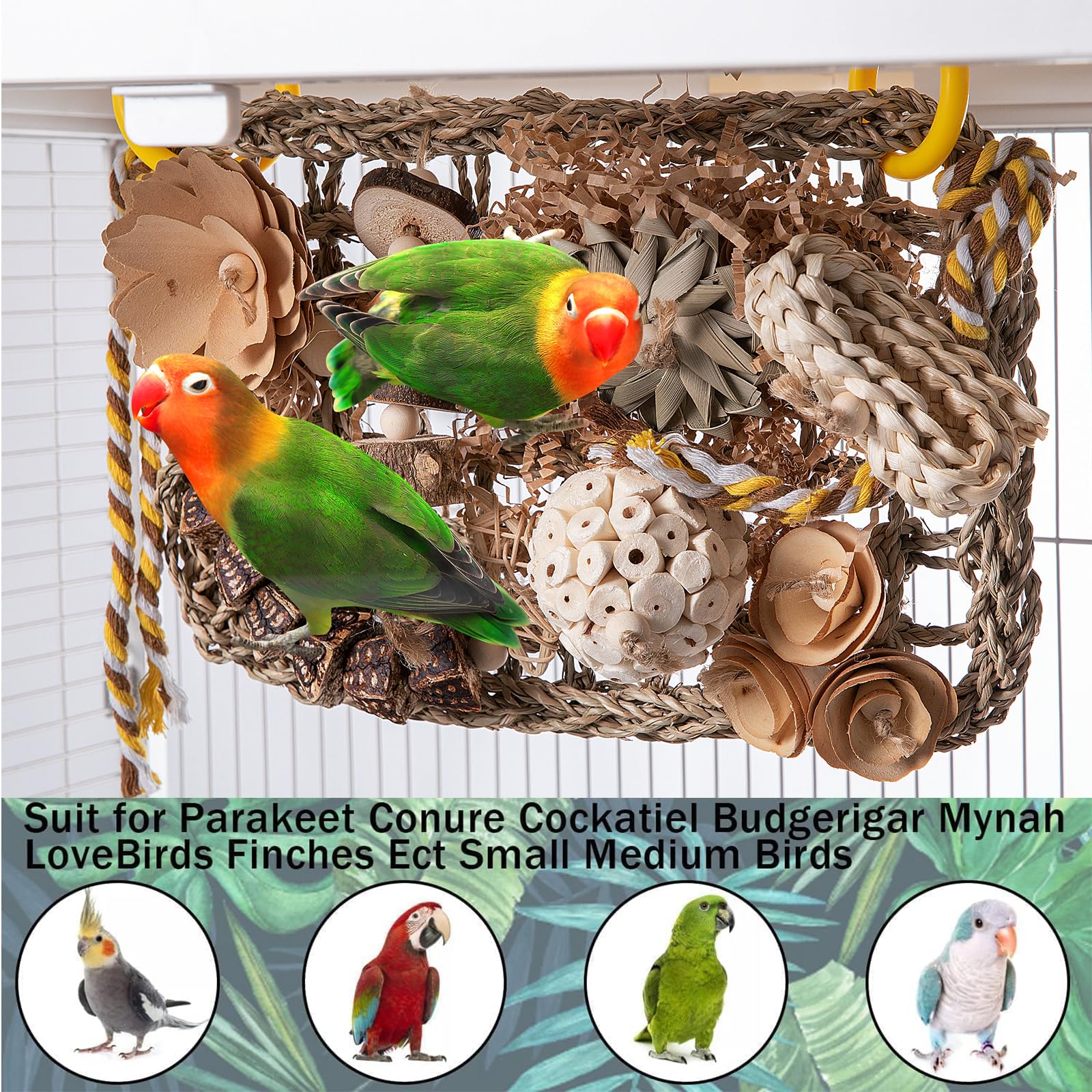 Bird Foraging Wall Toy, Seagrass Woven Climbing Hammock Mat with Chewing Toys,Parrot Shredding Hanging Toys for Cockatiel Lovebird Parakeet Budgie Small-Medium Birds (Large) - image 5
