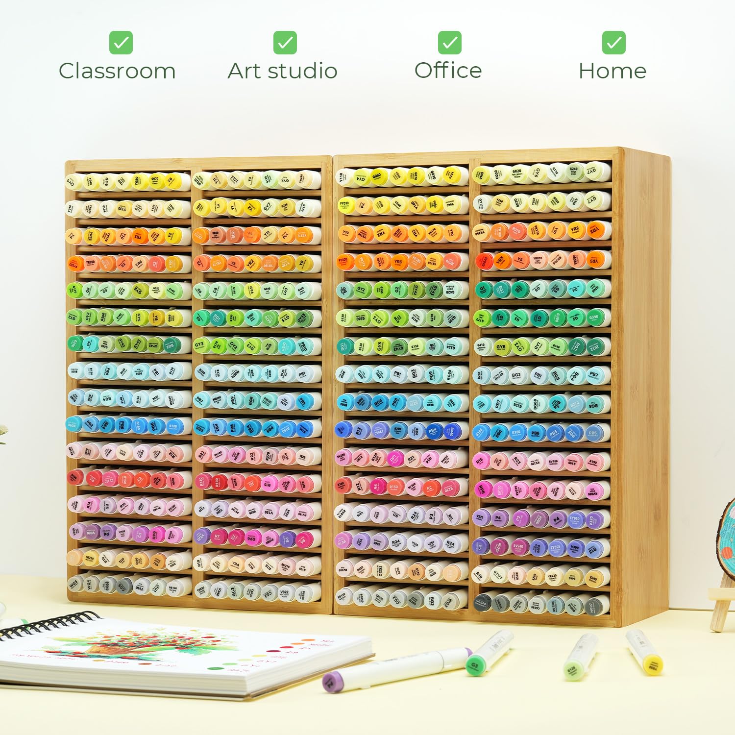 Ohuhu Bambus Stifte Organizer, Holz Desktop Aufbewahrung für 224 Markerstifte Stifte Bleistifte Kunstpinsel stationärer Organizer, Bleistifthalter mit 32 Fächern
