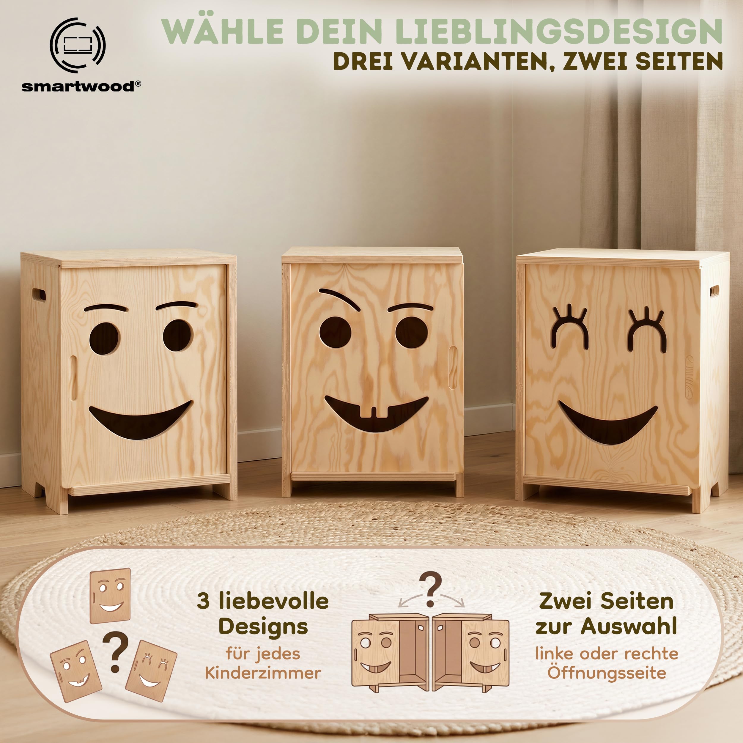 smartwood Nachttisch Kinderzimmer - Montessori Nachttisch aus FSC-zertifiziertem Kiefernholz - Kindgerechtes Design, stabile Konstruktion & einfache Montage - KAPI 3L