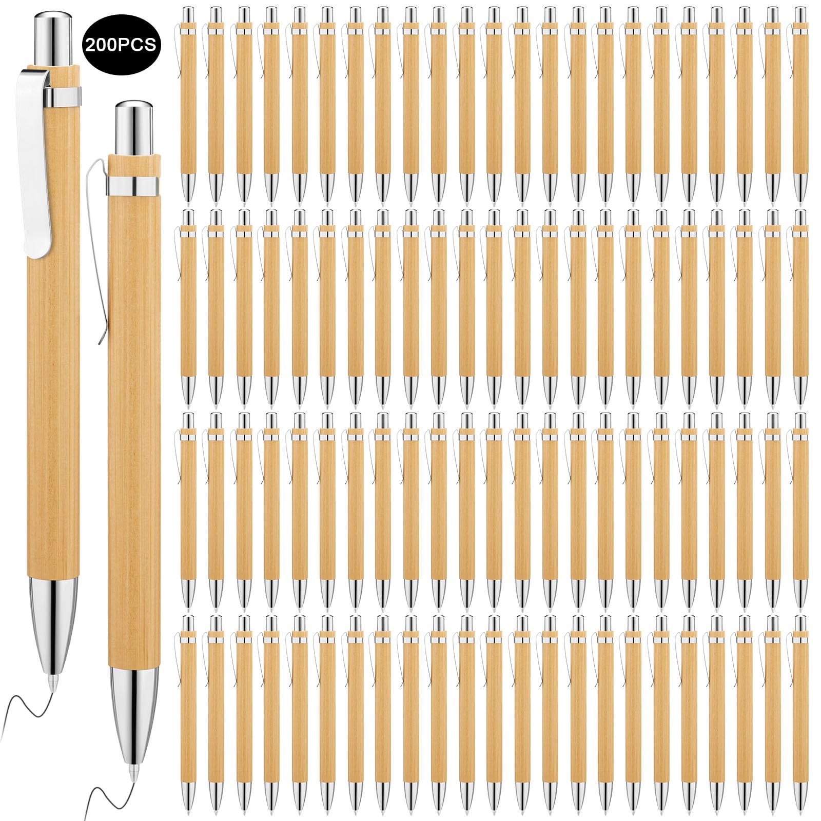 SATINIOR 200 Pcs Bamboo Ballpoint Pens, Wooden Retractable Ballpoint Pen, Black Ink, 1mm Pen, Sustainable, Stylish, Practical, Widely Applicable