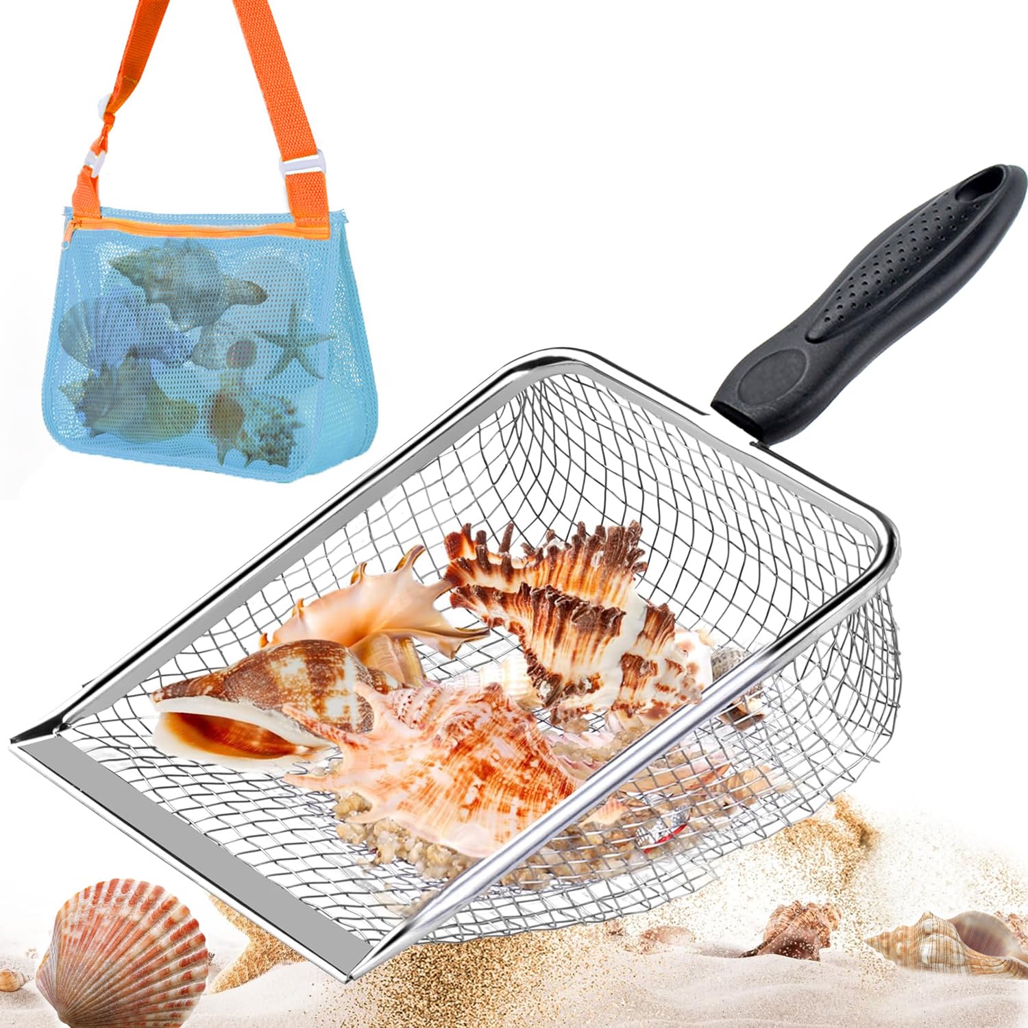 HXJFGDM Children's Shovel, Beach Net Shovel with Mesh Beach Bag for Collecting, Kids Filter Sand Scooper for Picking Up Shells, Shark Tooth Sifter Dipper for Boys and Girls, Beach Tool