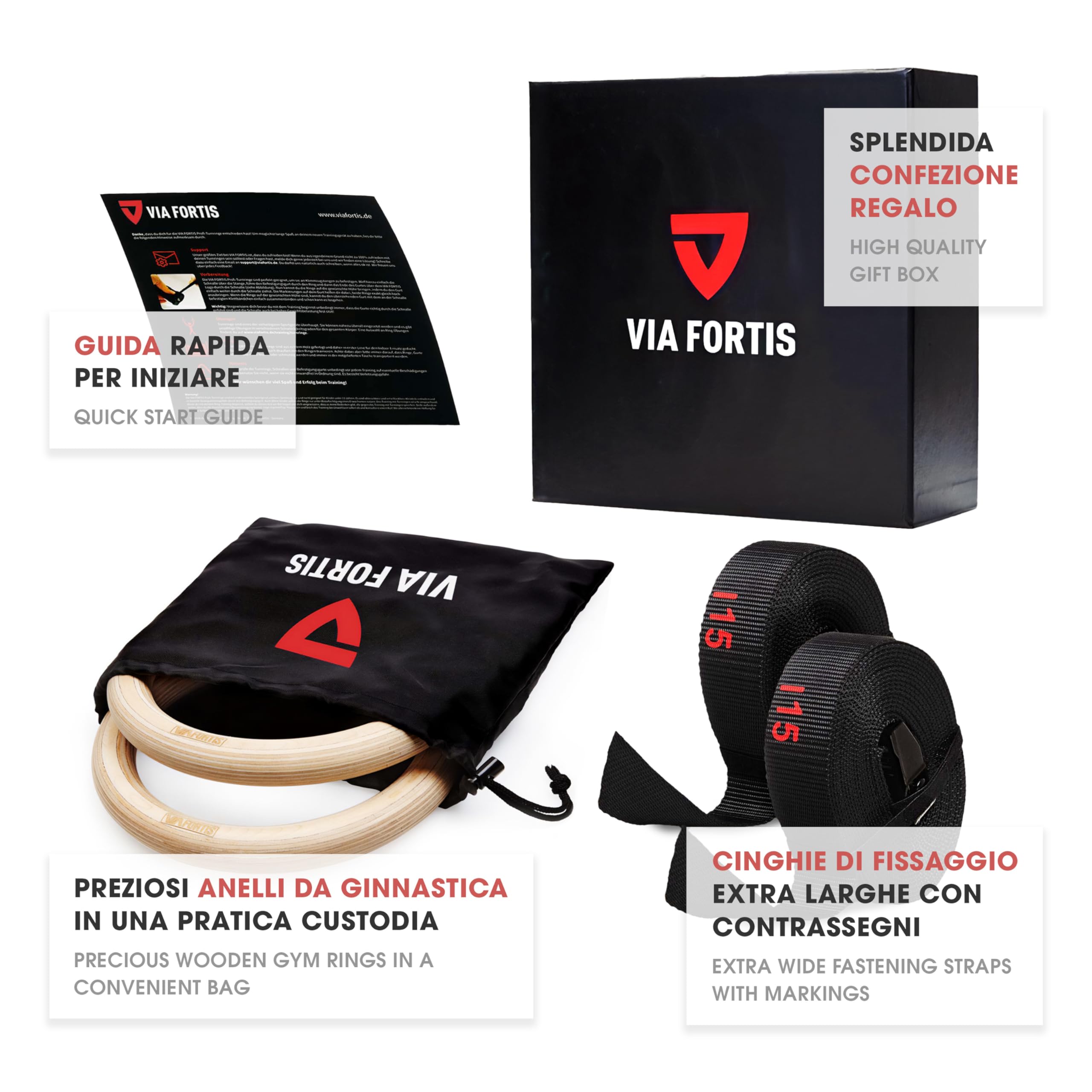 VIA FORTIS® Anelli da Ginnastica in Legno con Cinghie, Custodia e Guida agli Esercizi - Anelli da Palestra per Calisthenics e CrossFit - Versione da Competizione - Cinghie Extra Larghe con Indicazioni