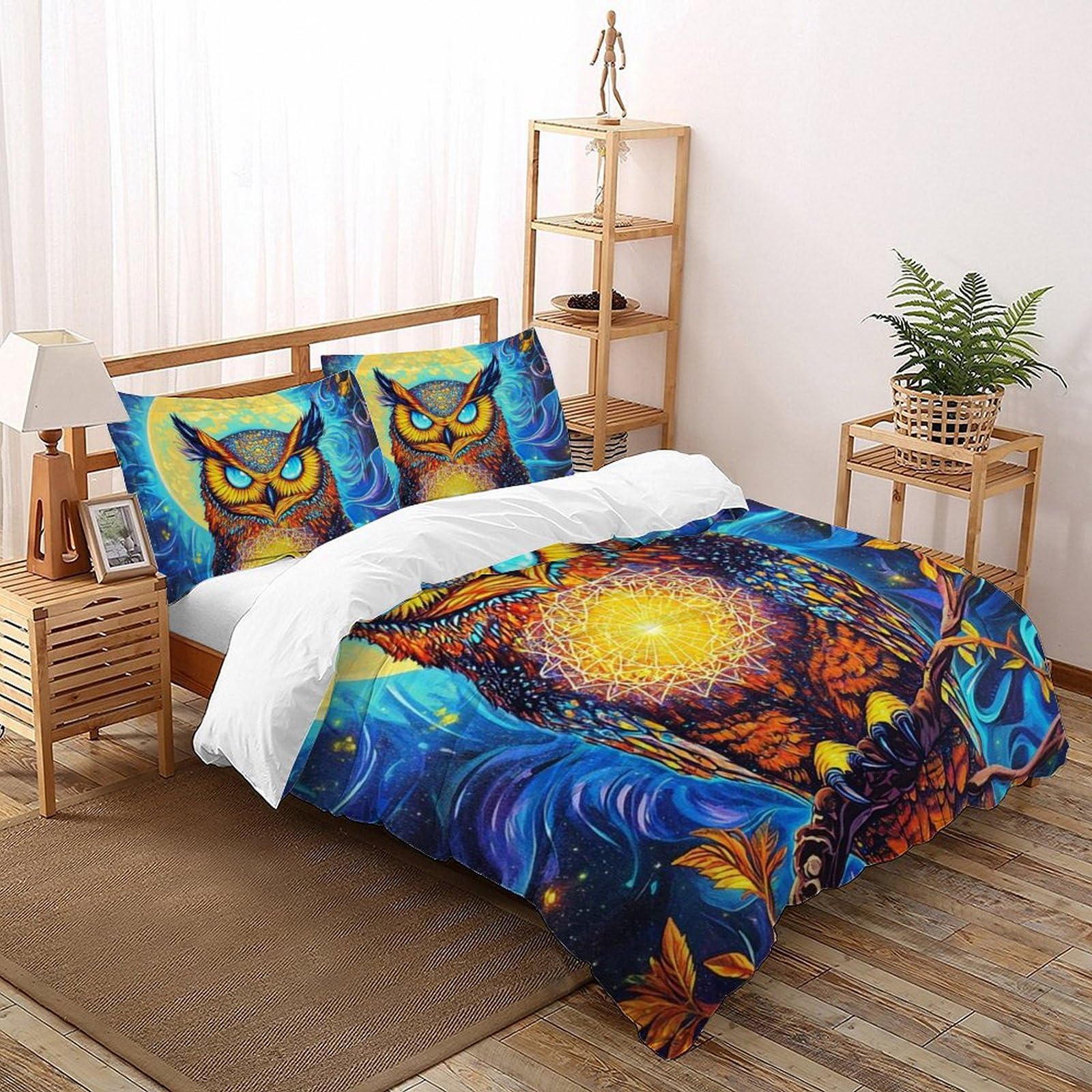 Parure de lit hibou avec housse de couette animaux 220x240 cm et 2 taies d'oreiller en microfibre