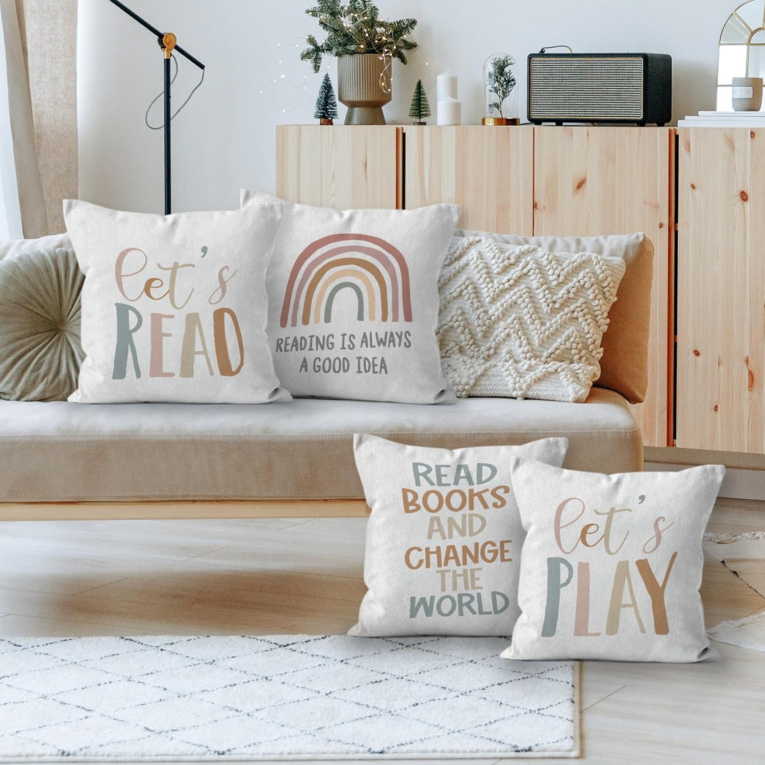 HIWX Reading Pillow Cover,Classroom Throw Pillows,Lets Play Read Classroom Decorative 18 x 18 Throw Pillow Cover,Classroom Pillows for Kids Reading Corner Room Nursery Decor Set of 4 Pillowcase 4 81+8EeD4l5L. AC SL1500