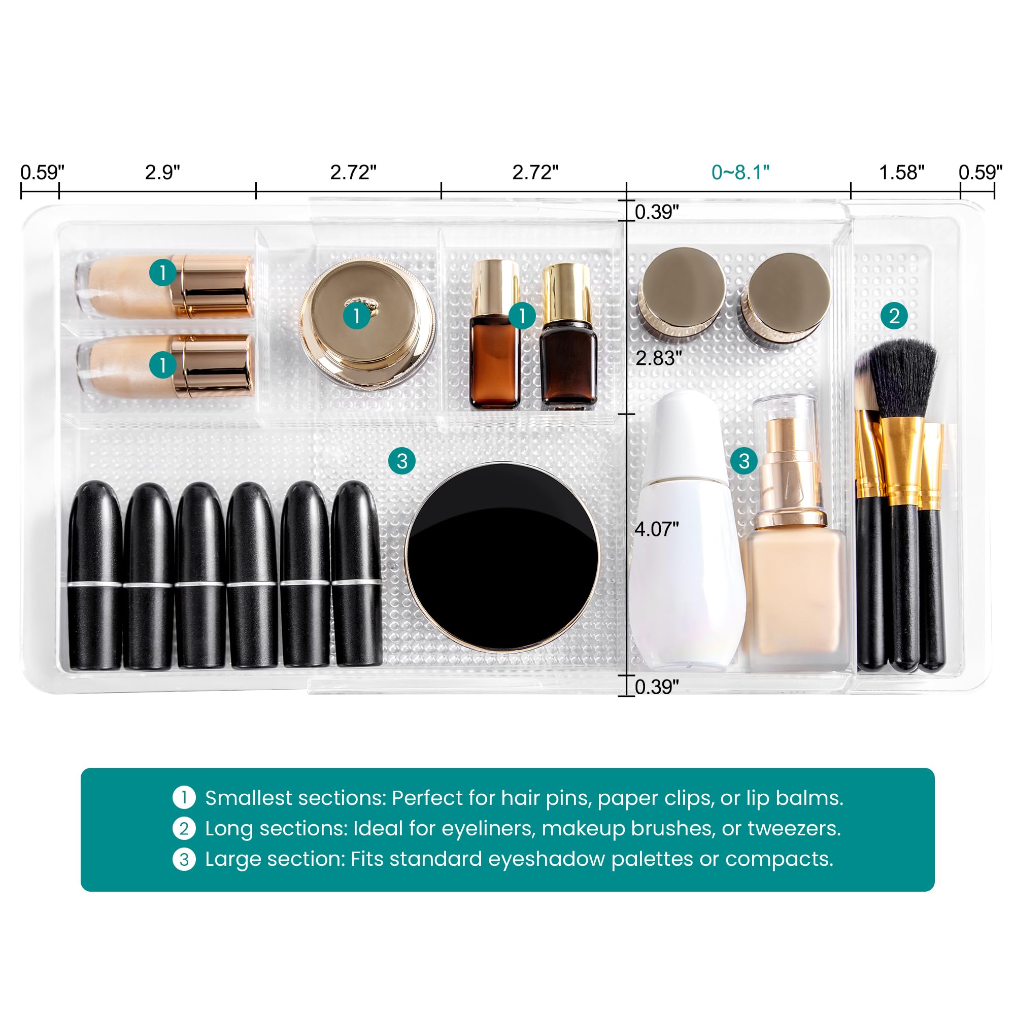 Oubonun Organizer espandibile per cassetti da 28,2 cm a 48,8 cm di larghezza, organizer per cosmetici poco profondo 3,3 cm di altezza, 2 confezioni, vassoi portaoggetti in plastica trasparente per