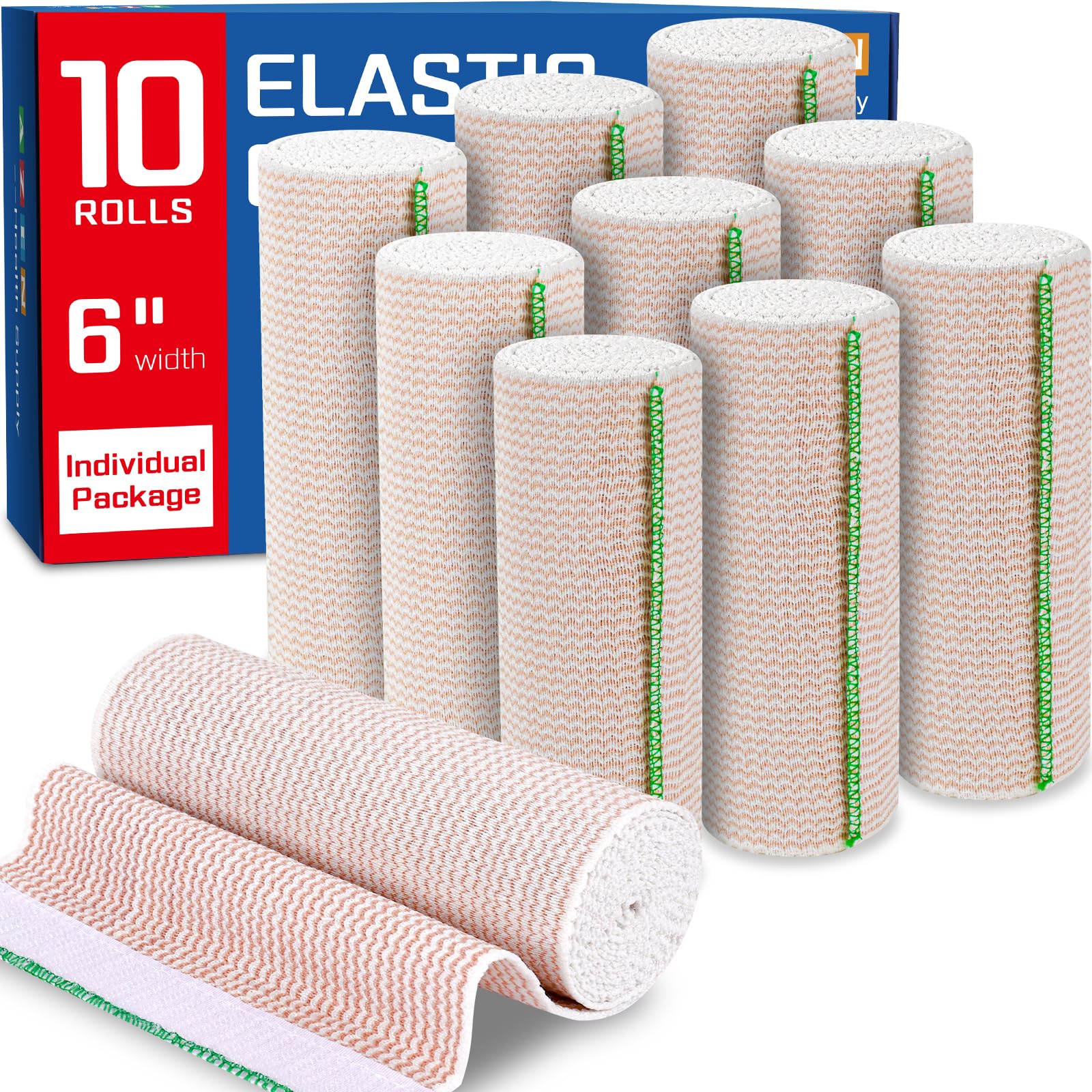AZEN Paquete de 10 vendajes elásticos de alta calidad de 6 pulgadas, vendajes de compresión para piernas, vendas de linfedema para piernas, tobillo, rodilla, abdomen