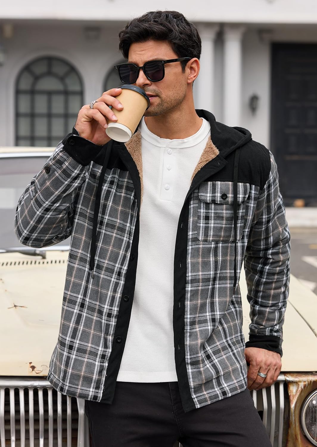 Men’s Plaid Flannel Jacket Warm Sherpa-Lined Button Down Corduroy Hoodie (S-XXL) - Image 6
