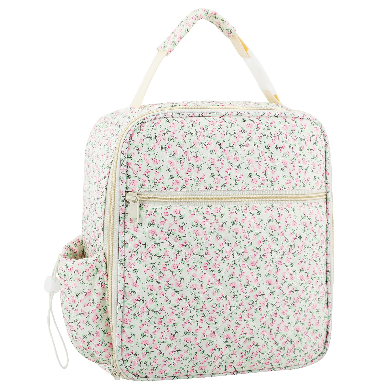 Sariiraw Cotton Quilted Insulated Lunch Box Cute Floral Lunch Tote Bag Reusable Quilted Lunch Box with Large Capacity for Women Men, Work, School,