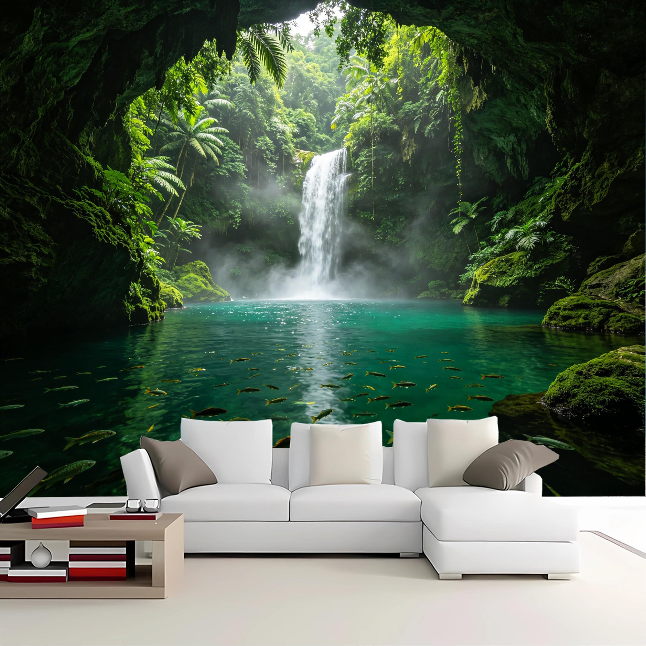 Custom Size Wall Mural Cave View Tropical Waterfall with Fish Removable Self Adhesive Peel and Stick Wallpaper for Bedroom Living Room Dining Room