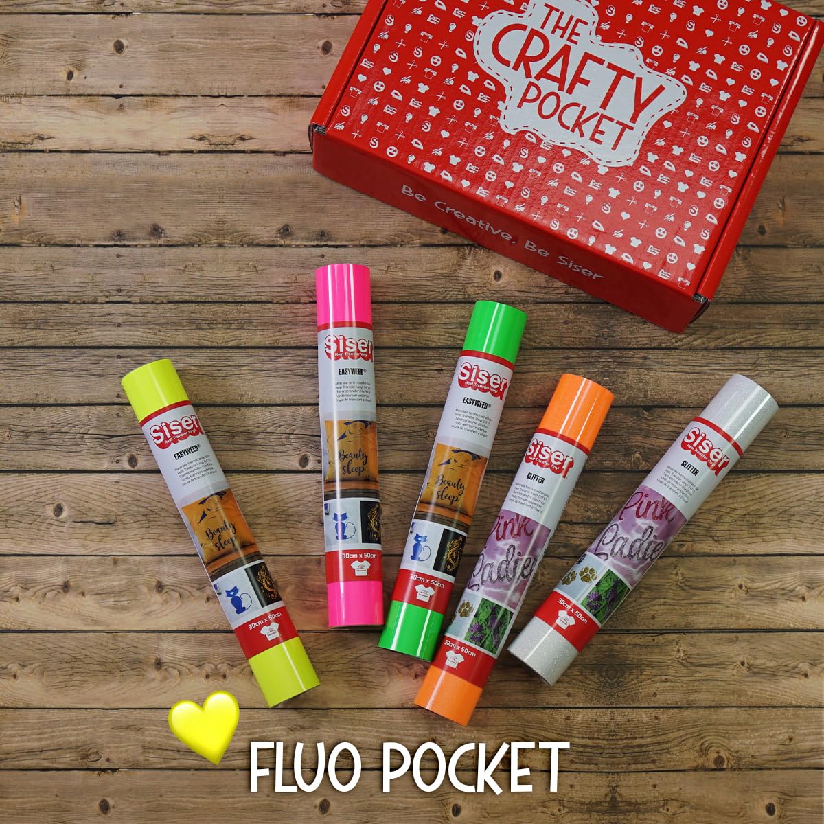 Siser Crafty Pocket Fluo - Thermotransfer-Vinyl zur Personalisierung von Stoffen, für alle Schneideplotter geeignet - Kit enthält 5 Rollen 30 x 50 cm in fluoreszierenden Farben