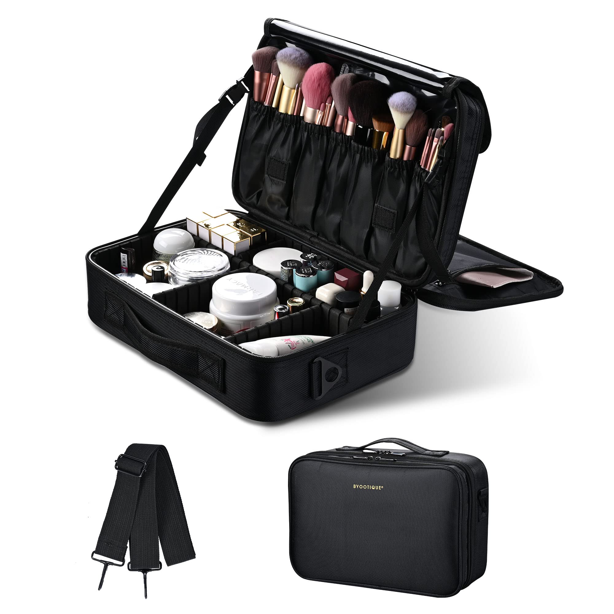 BYOOTIQUE Travel Makeup Bag Makeup Train Cases Professional Lipstick Organizer with Shoulder Strap Adjustable Dividers for Cosmetics Makeup Brushes Lipstick Toiletry Travel Accessories, Black