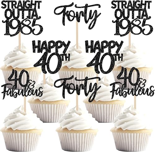 Paquete de 24 adornos para cupcakes Straight Outta 1983 con purpurina para cuarenta y 40 años, decoraciones para pasteles de cumpleaños de 40 años,