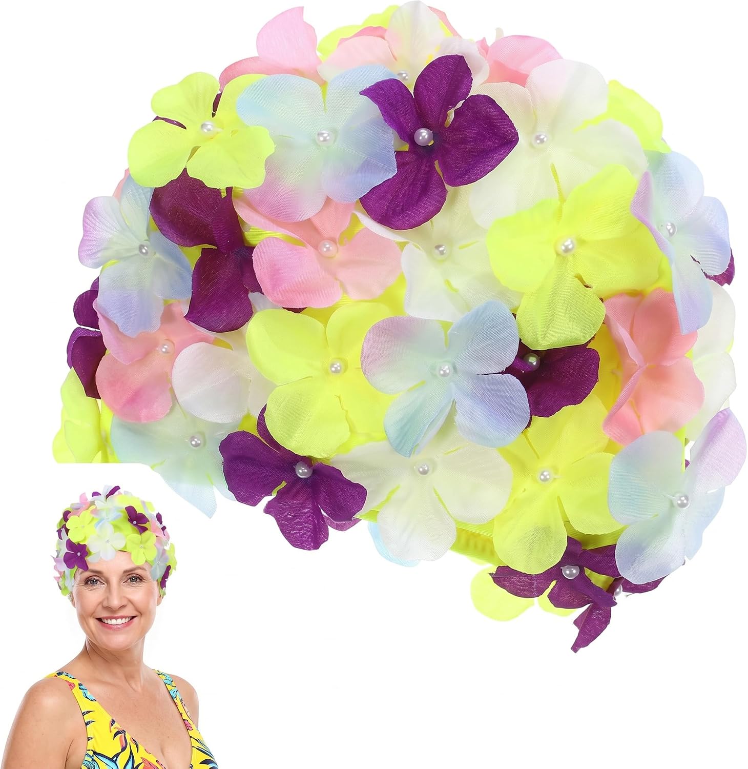 BESPORTBLE Women Floral Swim Cap Cute Flower Swimming Cap Lovely Portable Stylish Charming Pearls Three- Dimensional Petals Vacation Accessories Nylon - Elastic Brim
