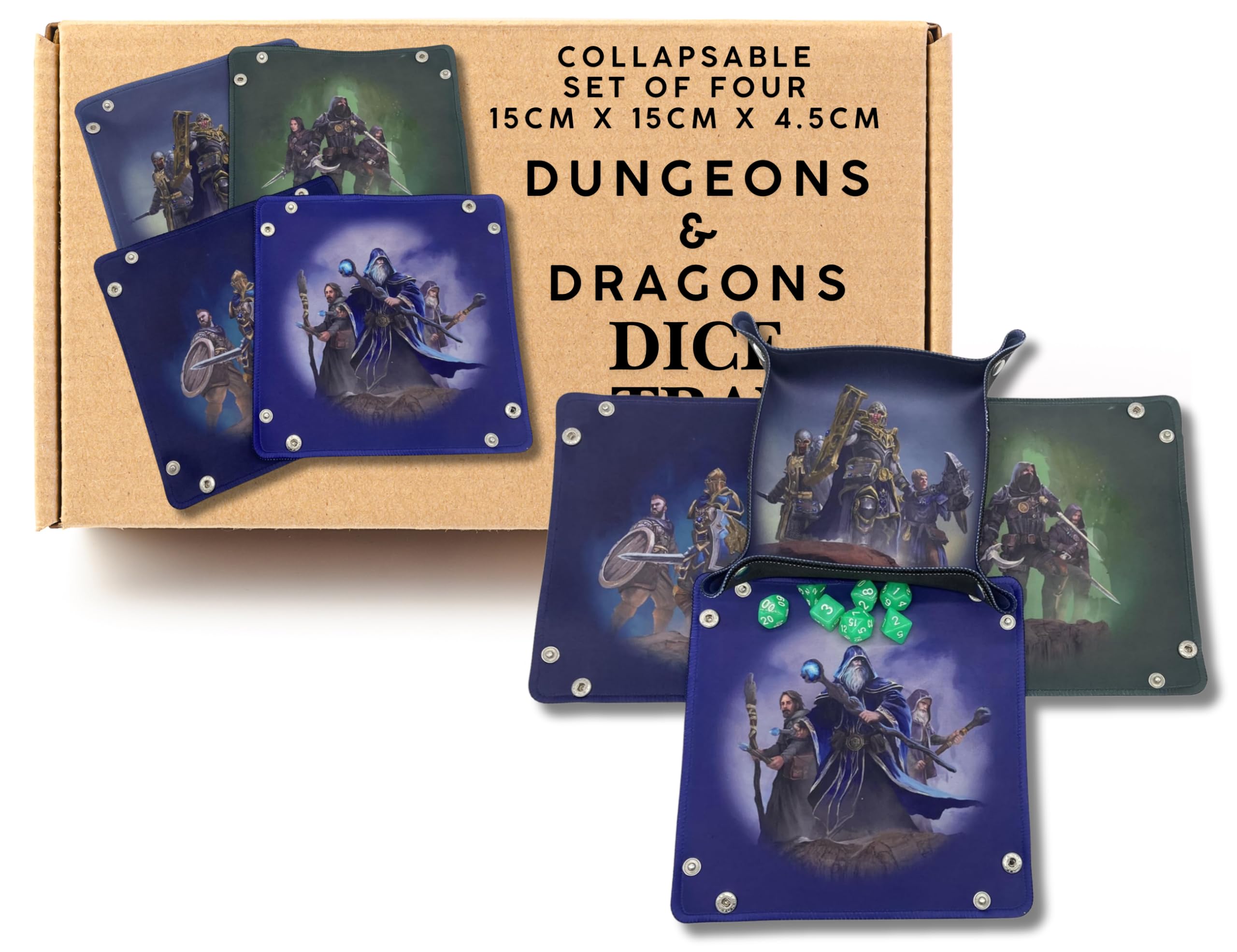 4x Fantasy RPG Character DnD Dice Tray Set - Foldable Rolling Tray for Dungeons and Dragons - Wizard Fighter Cleric Rogue - Portable Dice Mat - Board Game Piece Trays