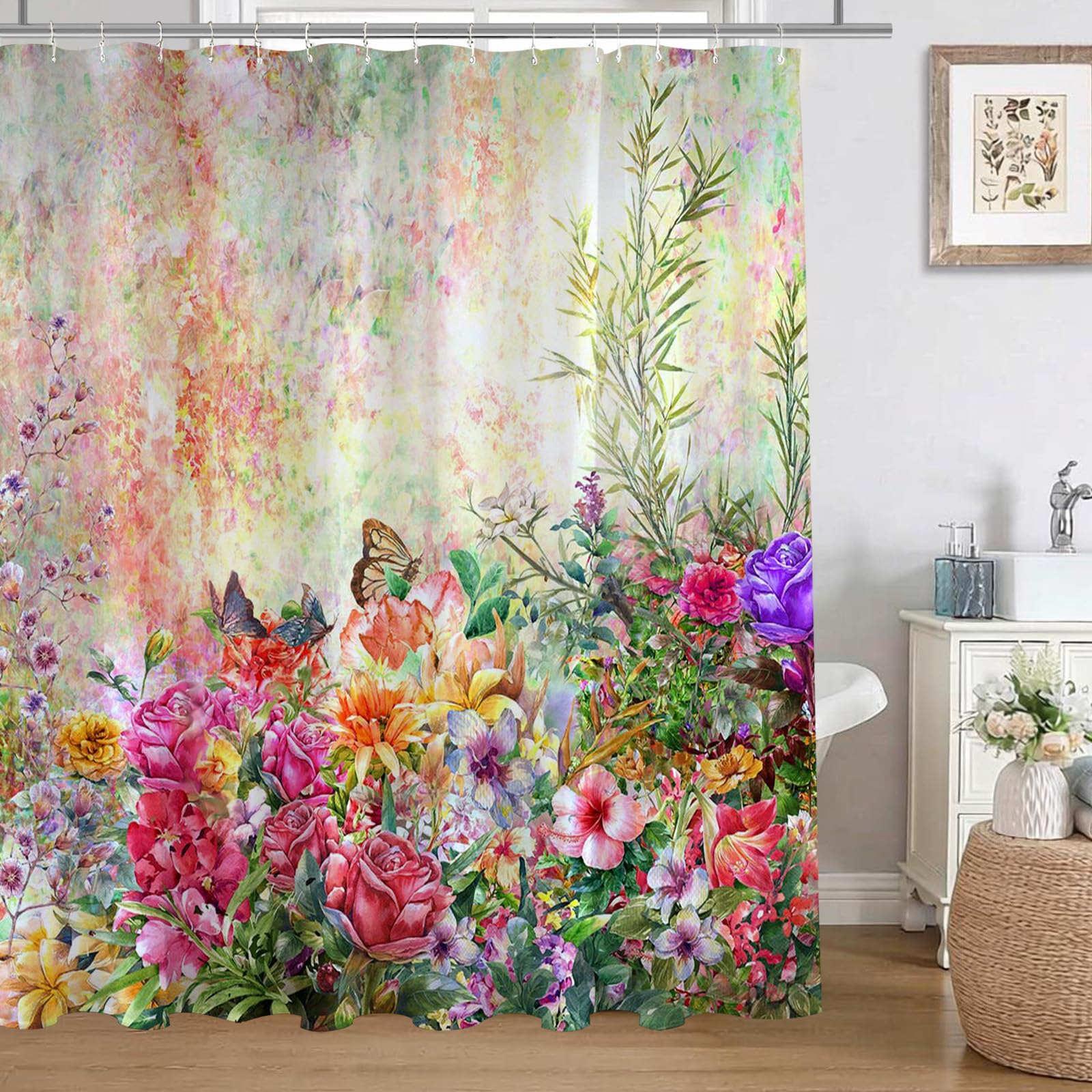 Avezano Floral Shower Curtain Flower Oil Painting Spring Garden Bathroom Shower Curtain Colorful Floral Waterproof Fabric Shower Curtains Bathtub Decor with 12 Hooks 72 X 72 Inches