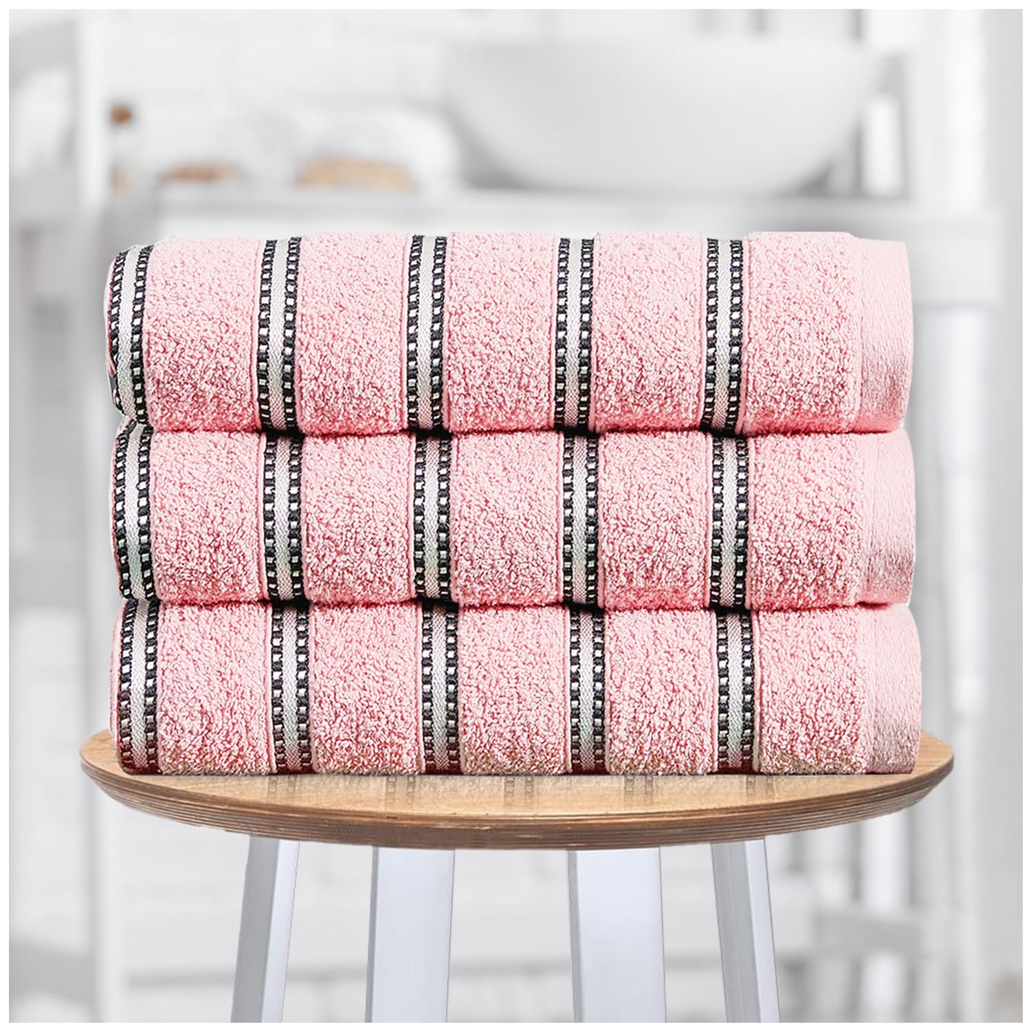 GC GAVENO CAVAILIA Stripe Bath Sheets Extra Large 3Pack | 600GSM Towels Bath Sheets Quick Dry & Water Absorbent Towels Set | Lightweight Hotel Quality Thick Cotton Towel Bath Sheet 90x150 Cm, Pink