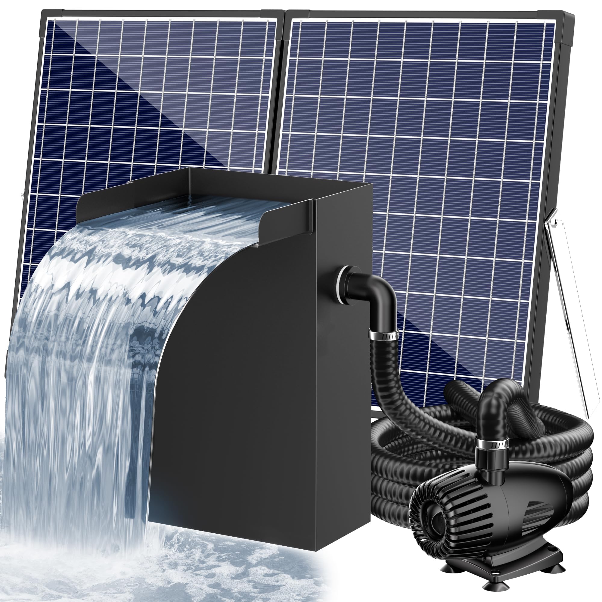 Photo 1 of POPOSOAP 55W Solar Pond Waterfall Box with Fountain Pump, 304 Stainless Steel Pond Waterfall Spillway, Pond Spillway with 9.8FT PU Corrugated Tubing for Garden Waterfall,Water Features-P5552H