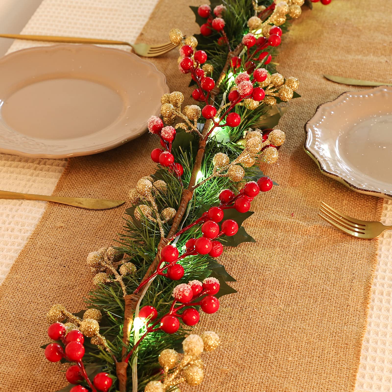MACTING Garland Christmas Decorations with Lights,6.5feet Red and Gold Christmas Berry Stems, Artificial Lighted Christmas Garland for Holiday Party Table Decoration