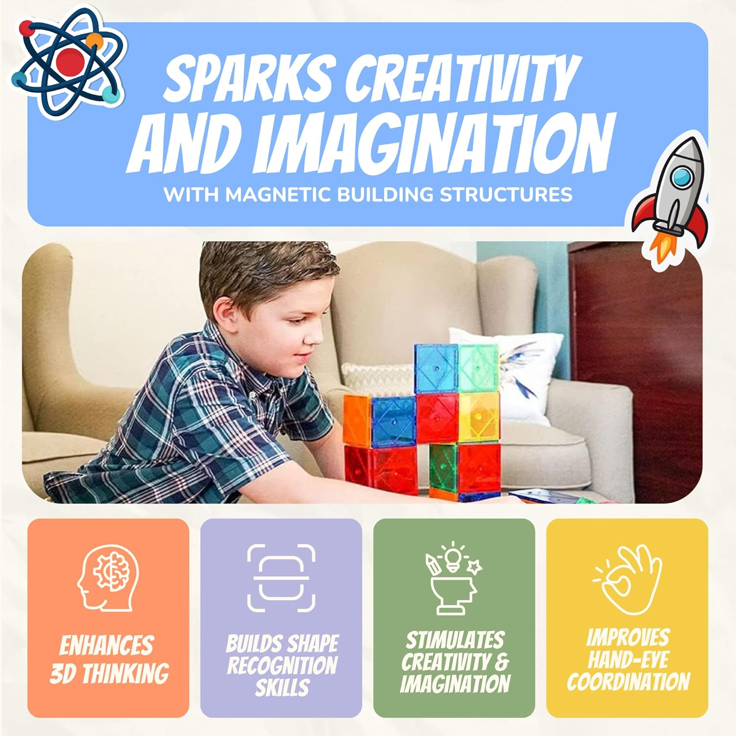 Mystical Fire Magnetic Tiles Set- 100 Pcs Montessori Inspired 3D Sensory Building Blocks for Kids- Leonardo Learning Magnetic Tiles Set STEM Approved Educational Magnet Construction Toys