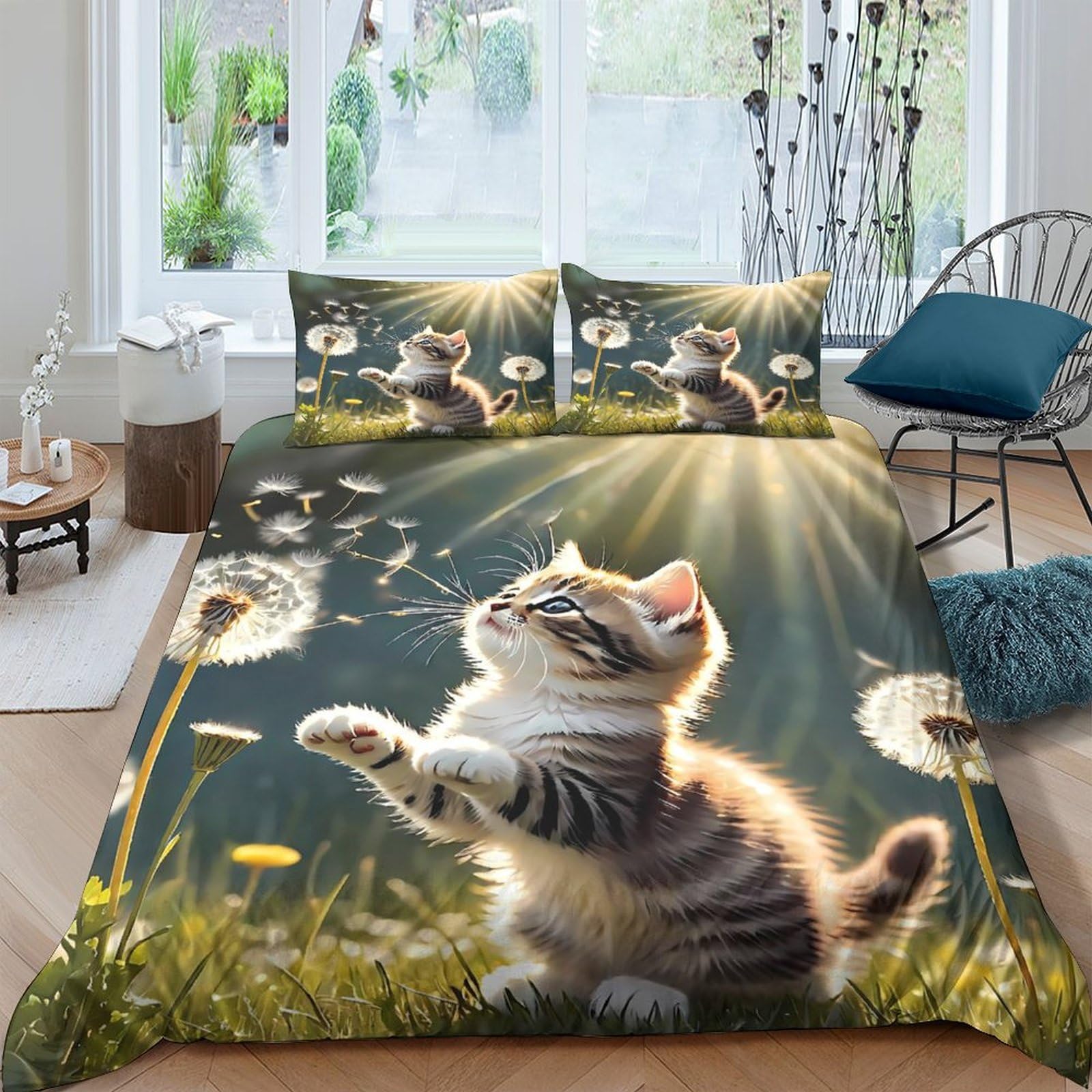 Ctjqhvkz Style-1 3D Printed Cute Cat Meadow Fitted Sheet Microfiber Soft Breathable Dandelion Bed Cover For Bedroom Guest Room Decor Single（135X200cm）