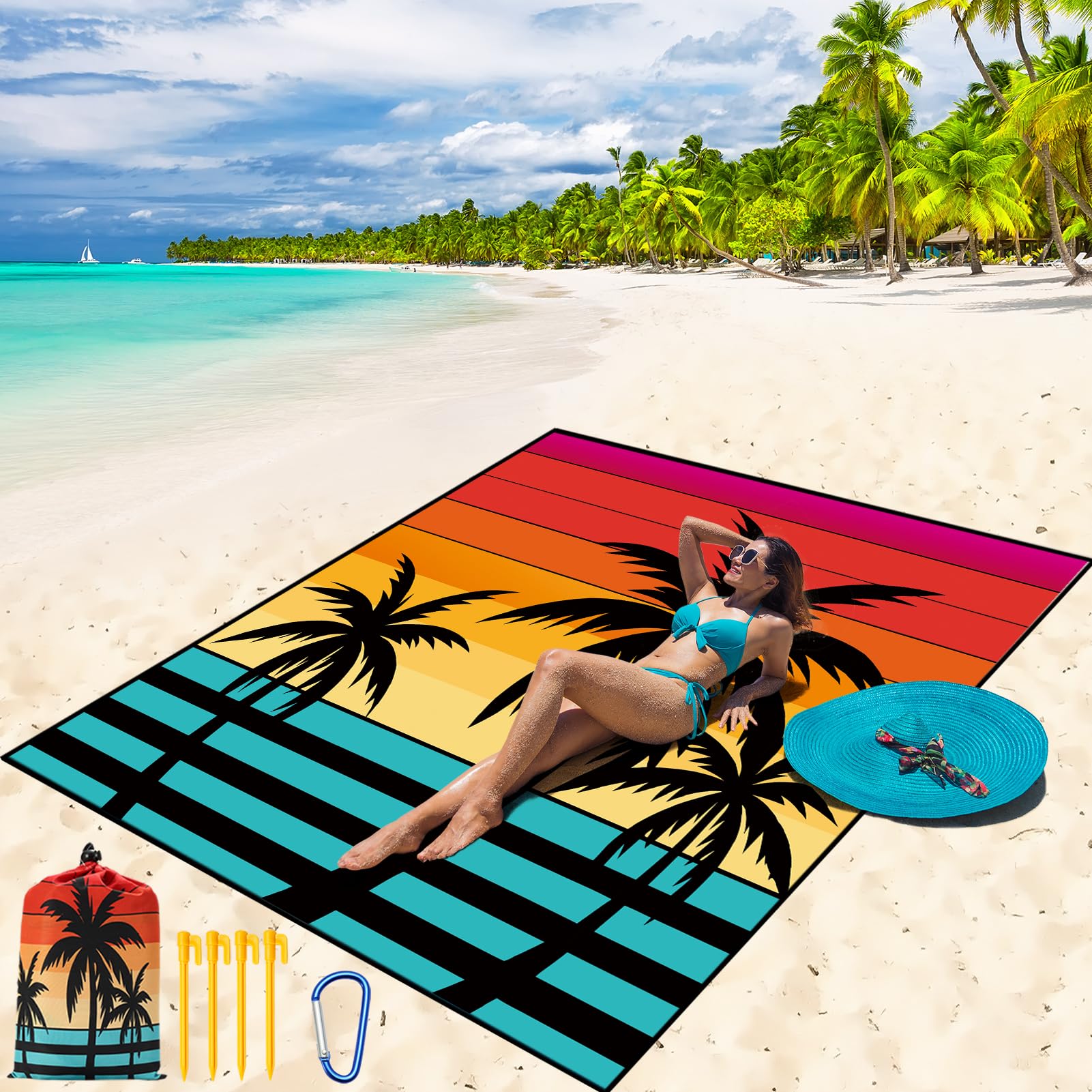 WIWIGO Beach Blanket Waterproof Sandproof Beach Mat 79" X 83"/10'x9'for 2-8 Adults Quick Drying Outdoor Picnic Mat Beach Accessories for Travel, Camping, Hiking