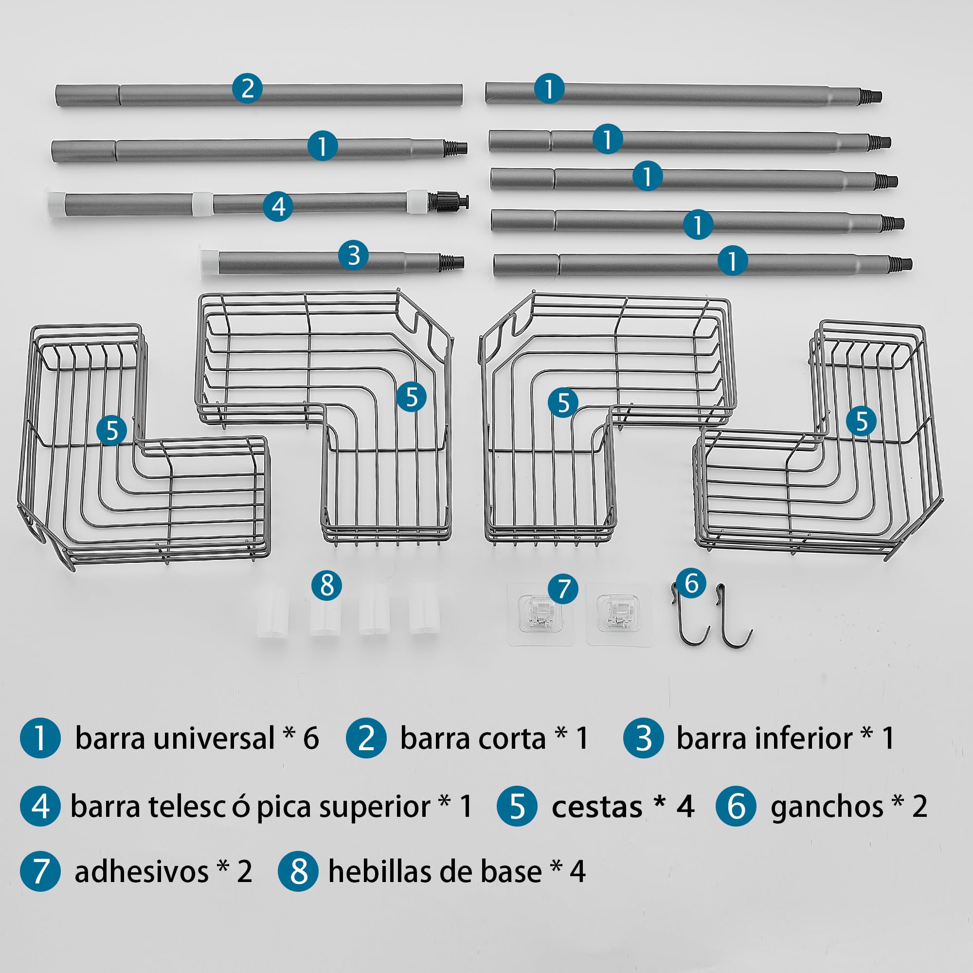 Estanteria Baño Telescopica Estante Ducha sin Taladro Acero Inoxidable Repisas Esquina Baldas con 4 Bandejas, Regulable 85-325cm, apto para Bañera Baño y Cocina, Gris