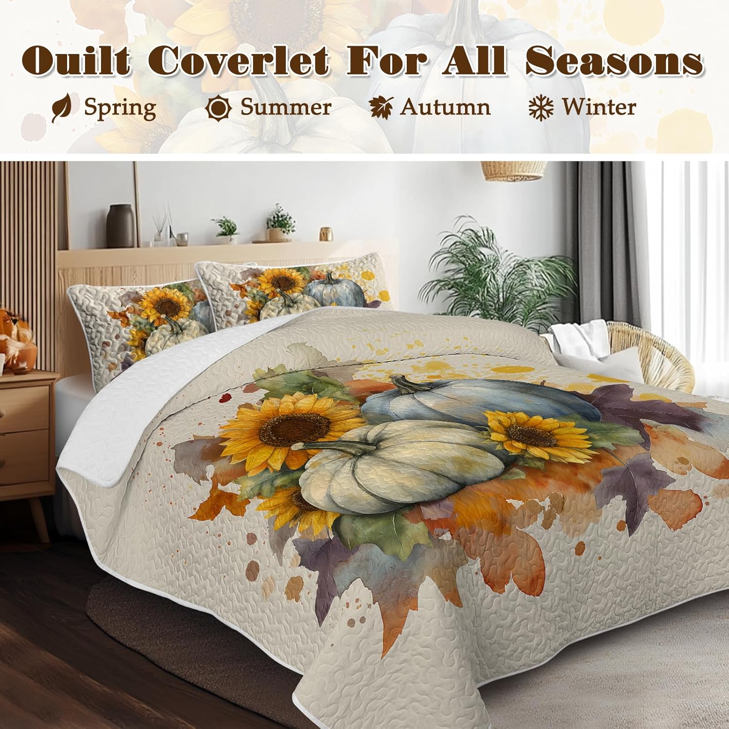 BlessLiving 3-Piece Fall Quilt Set King Size, Ultra Soft Microfiber Lightweight Watercolor Pumpkin Bedspreads Coverlets Bedding Set with 2 Pillow Shams for All Seasons