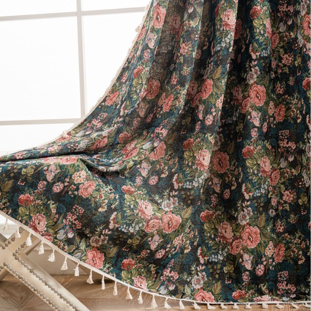 USTIDE Farmhouse Vintage Rose Curtain with Tassels 1 Panel Room Darkening Bedroom Living Room Curtain,150x240cm