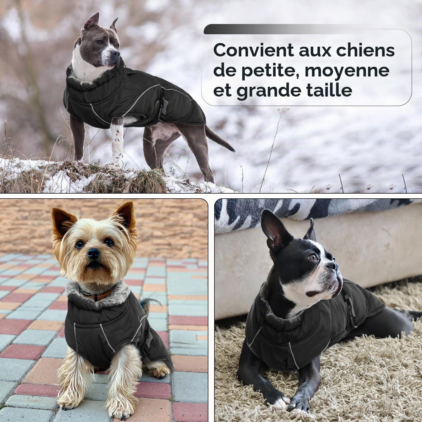 Manteau imperméable pour chien Grande veste chaude Chihuahua gilet chauffant vêtement d'hiver coupe-vent pour chiens (Noir, XL)
