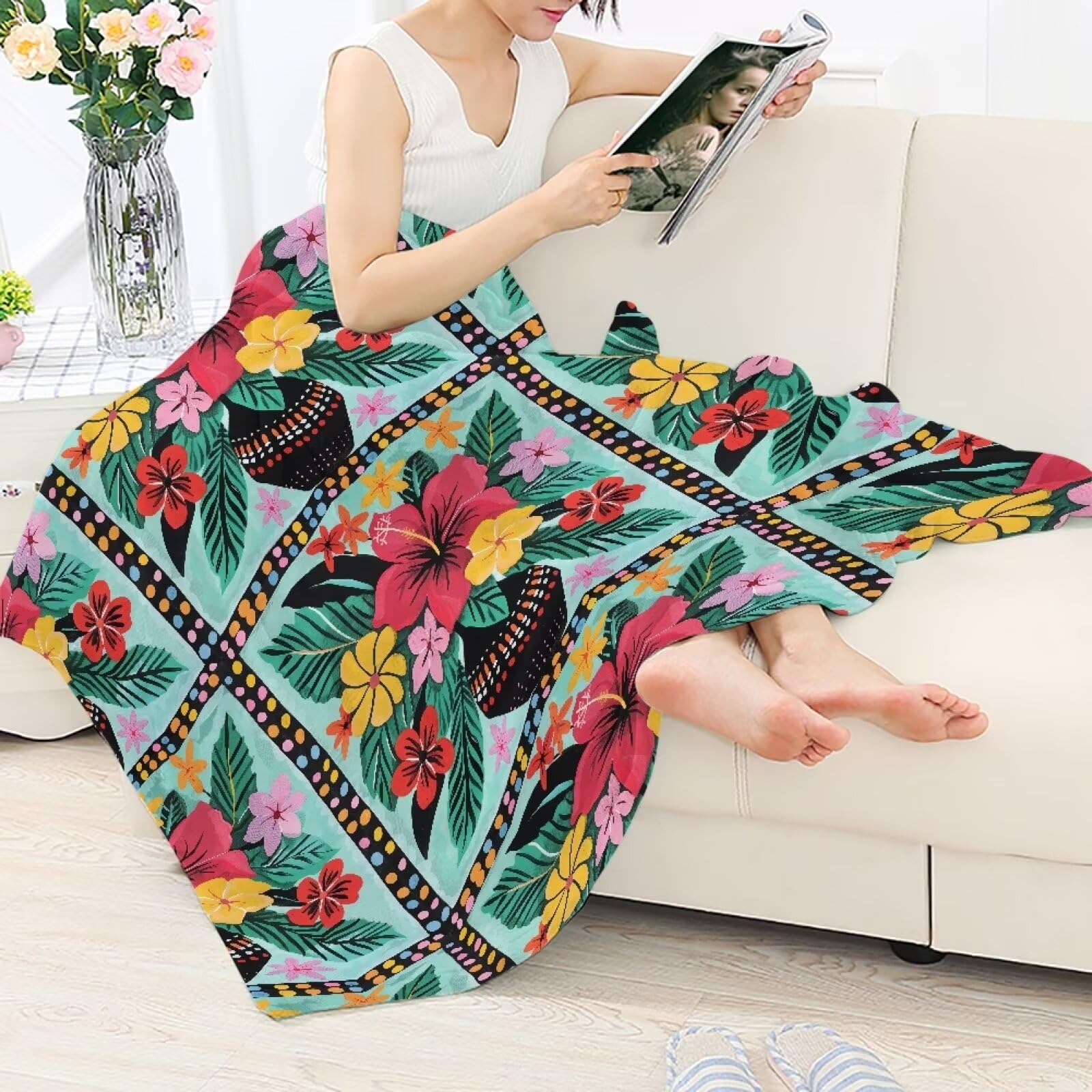 Coperta vintage con ibisco tropicale per divano, sedia, inverno, autunno, divano, copriletto, soggiorno, camera da letto, rettangolare, leggera, morbida, pelosa, per letto matrimoniale, verde