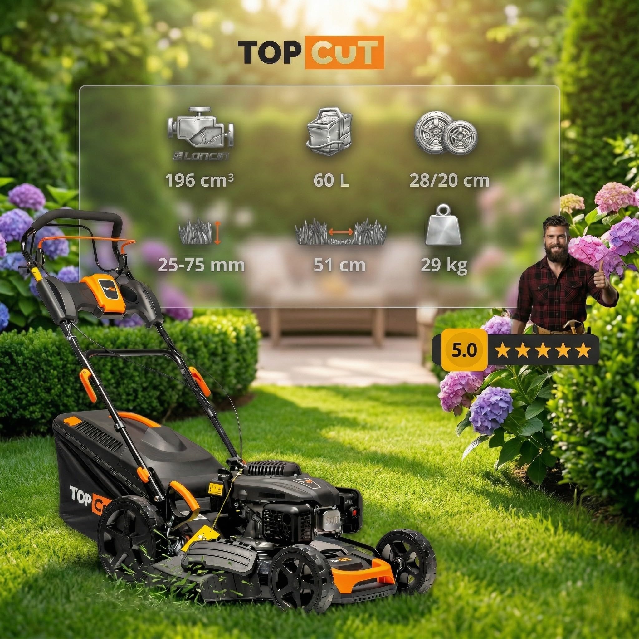 TOP CUT TC-LS-51-196L-E, tosaerba a benzina con trazione e avviamento elettrico, motore da 196 cc, larghezza di taglio 51 cm, funzione di pacciamatura 4 in 1, scarico laterale da 60 l, potente per