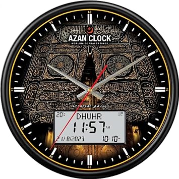 Azan Clock with 8 Azan Sounds, Digital Prayer Time Display, Global City Pre-Programming, Qibla Direction, Daylight Saving, and LED Backlight 13" Wall Clock Black