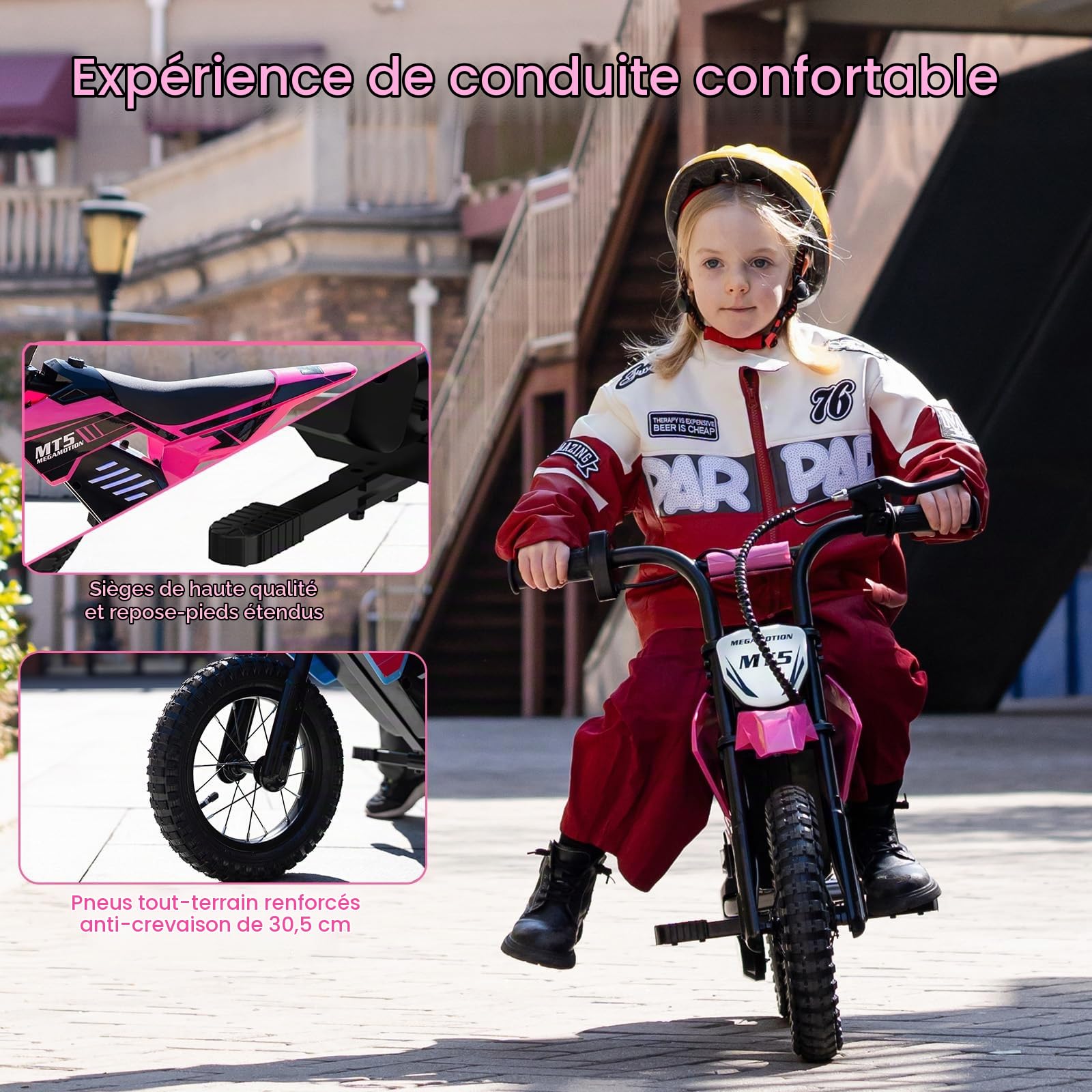 Moto Électrique Enfant 150W, 2 Vitesses 8/16 km/h, Batterie 5,2Ah, Autonomie Jusqu’à 15 km, Pneus Gonflables 12 Pouces, Frein à Tambour, Lumières LED, Charge Max 40 kg
