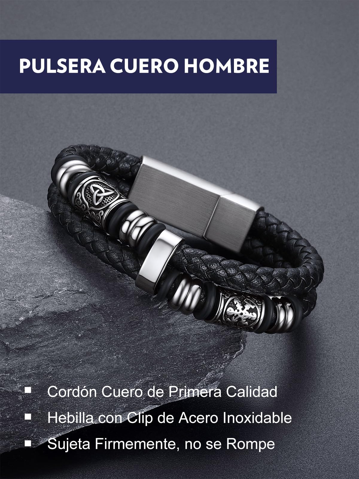 Bandmax Pulsera Viking Cuero Hombre con Charms Brújulas, 19cm 21cm 23cm 25cm Largo, Broche Imán Robusto, Personalizable, Incluye Joyero