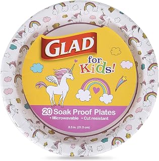 Glad for Kids Unicorn Plates: Heavy-Duty 8.5" Disposable Paper Plates, Soak-Proof, Microwave Safe for Meals & Parties, 20 Ct
