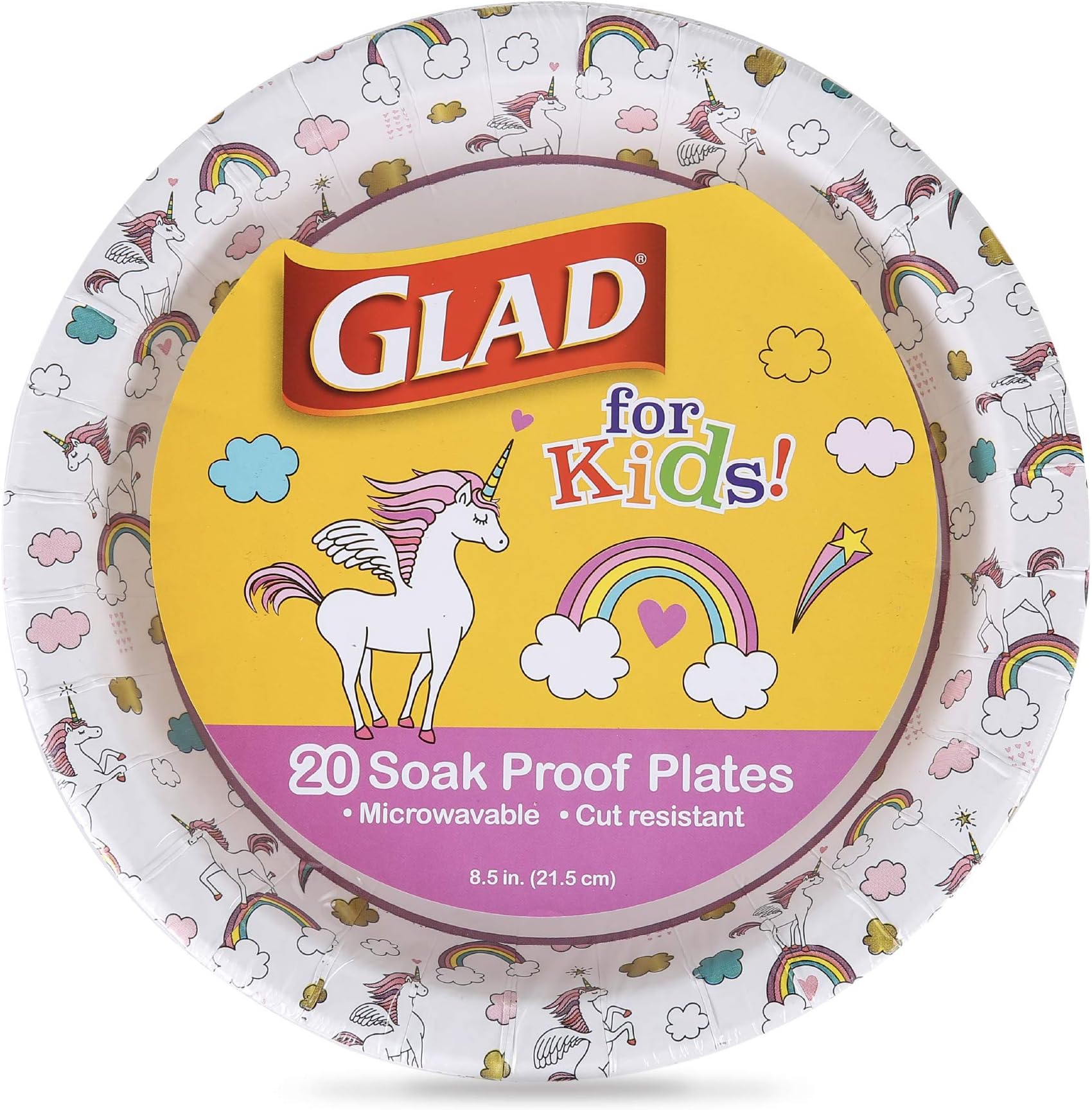 for Kids Unicorn Theme Kids Plates, Heavy-Duty Round Disposable Paper Plates with Soak-Proof Coating, Microwave Safe for Snacks & Meals, Cute Unicorn Print, 8.5 Inch, 20 Count