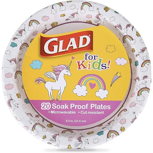 Glad for Kids Unicorn Theme Round Disposable Paper Plates - Heavy Duty, Soak Proof, Microwavable Plates with Unicorns Design for All Occasions, 8.5 Inch, 20 Count