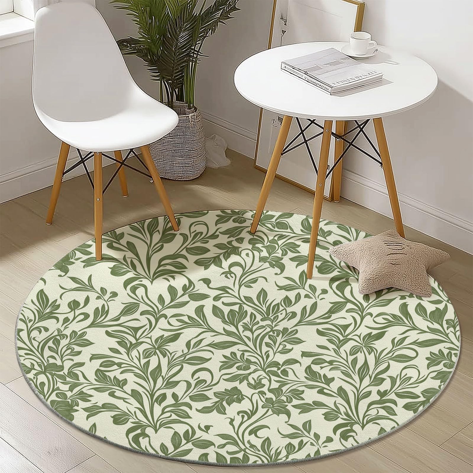 Round Area Rug for Girls Bedroom, 180 cm Washable Kids Rug for Baby Nursery, Non-Slip Circle Carpet Elegant Mori Floral for Teen Dorm Playroom Tent, Green
