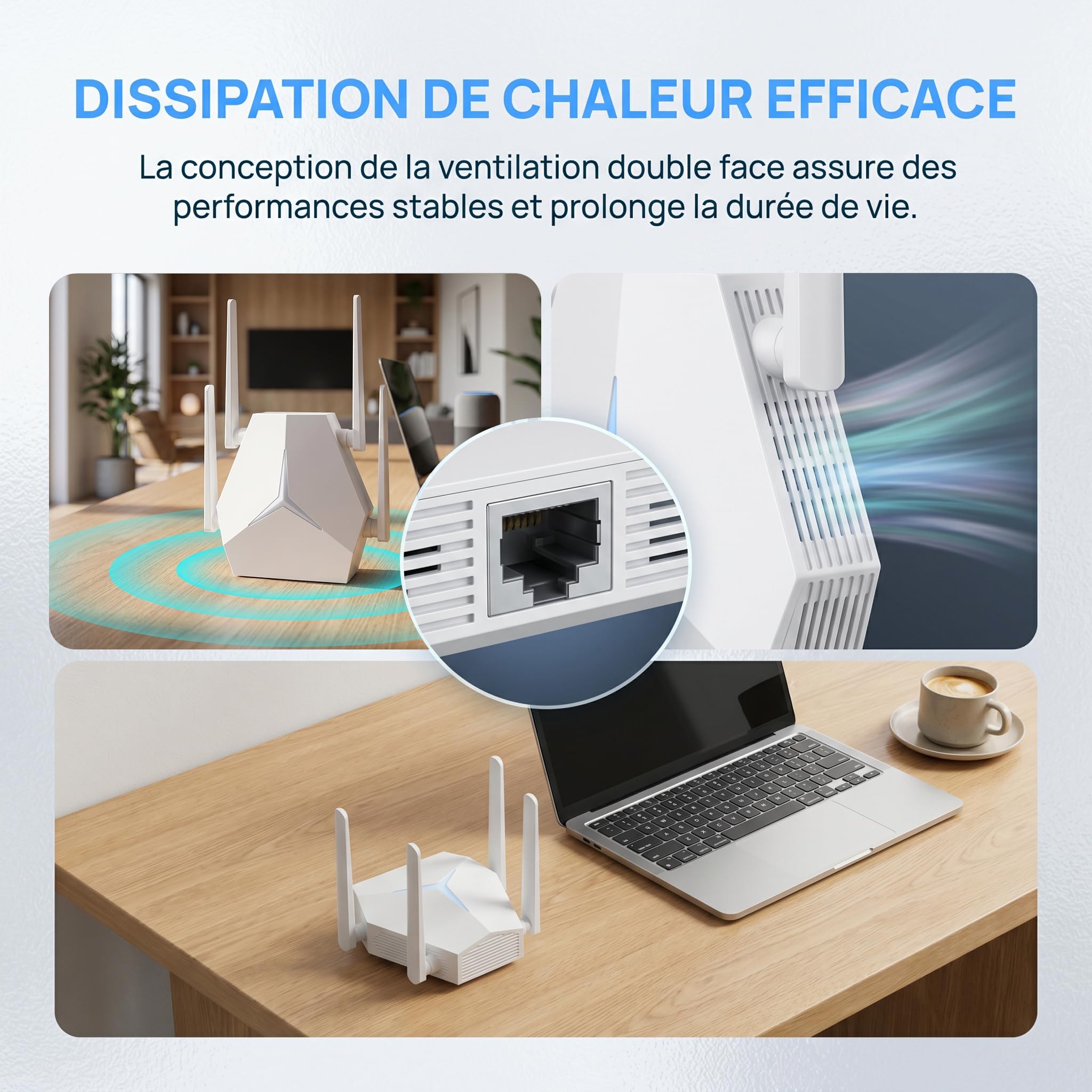 repetiteur wifi puissant, Dual Band 1200Mbps AC1200, 1115㎡ Range, Supports 100+ Devices, 4-Antenna WiFi Repeater with Ethernet Port