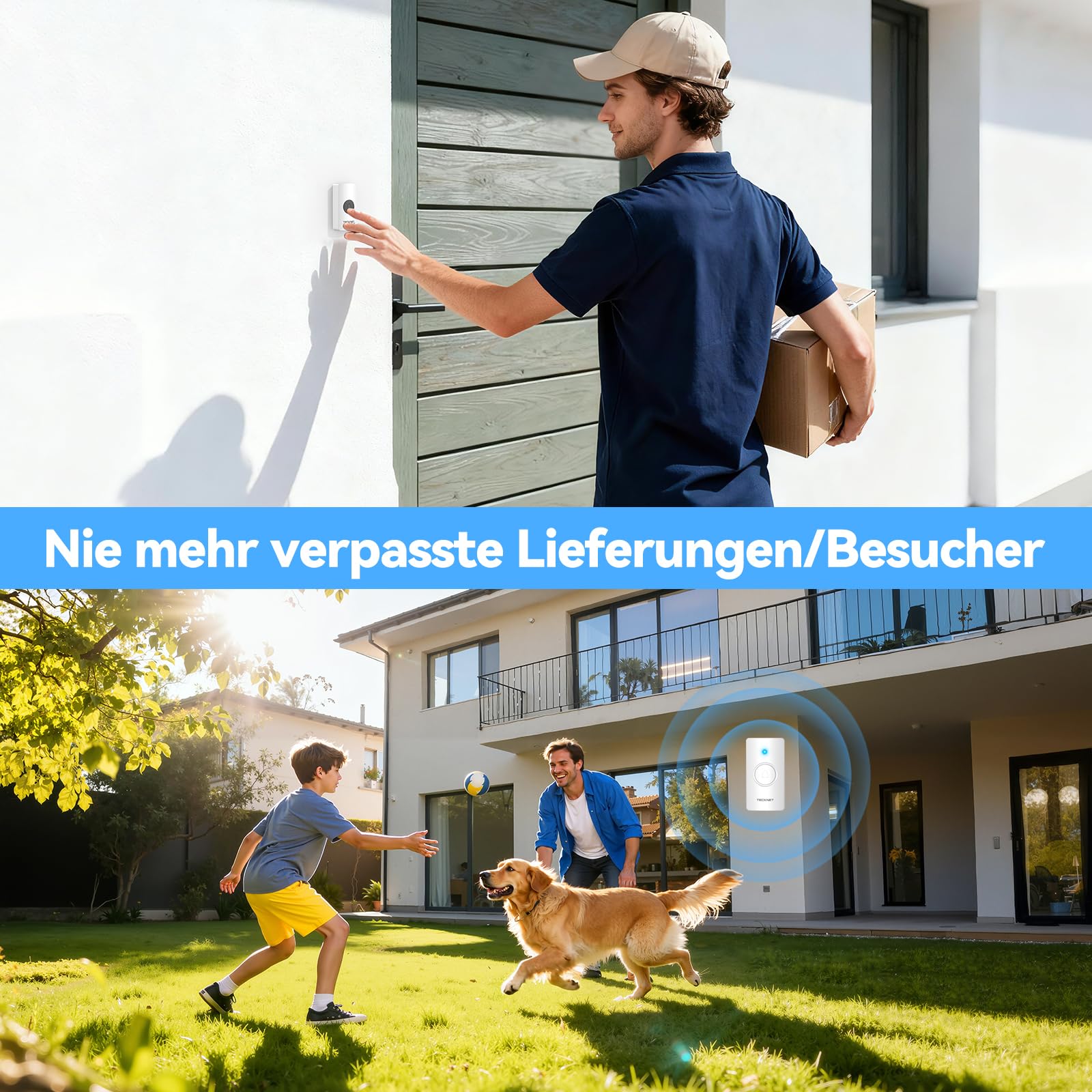 TECKNET Funkklingel, Batteriebetriebene Türklingel mit 4 Empfängern & 2 Sendern, Haustür Klingel Set 400 m Reichweite, IP67 Funkklingel Aussen Wasserdicht, 5 Lautstärkestufen und 60 Melodien, Weiß
