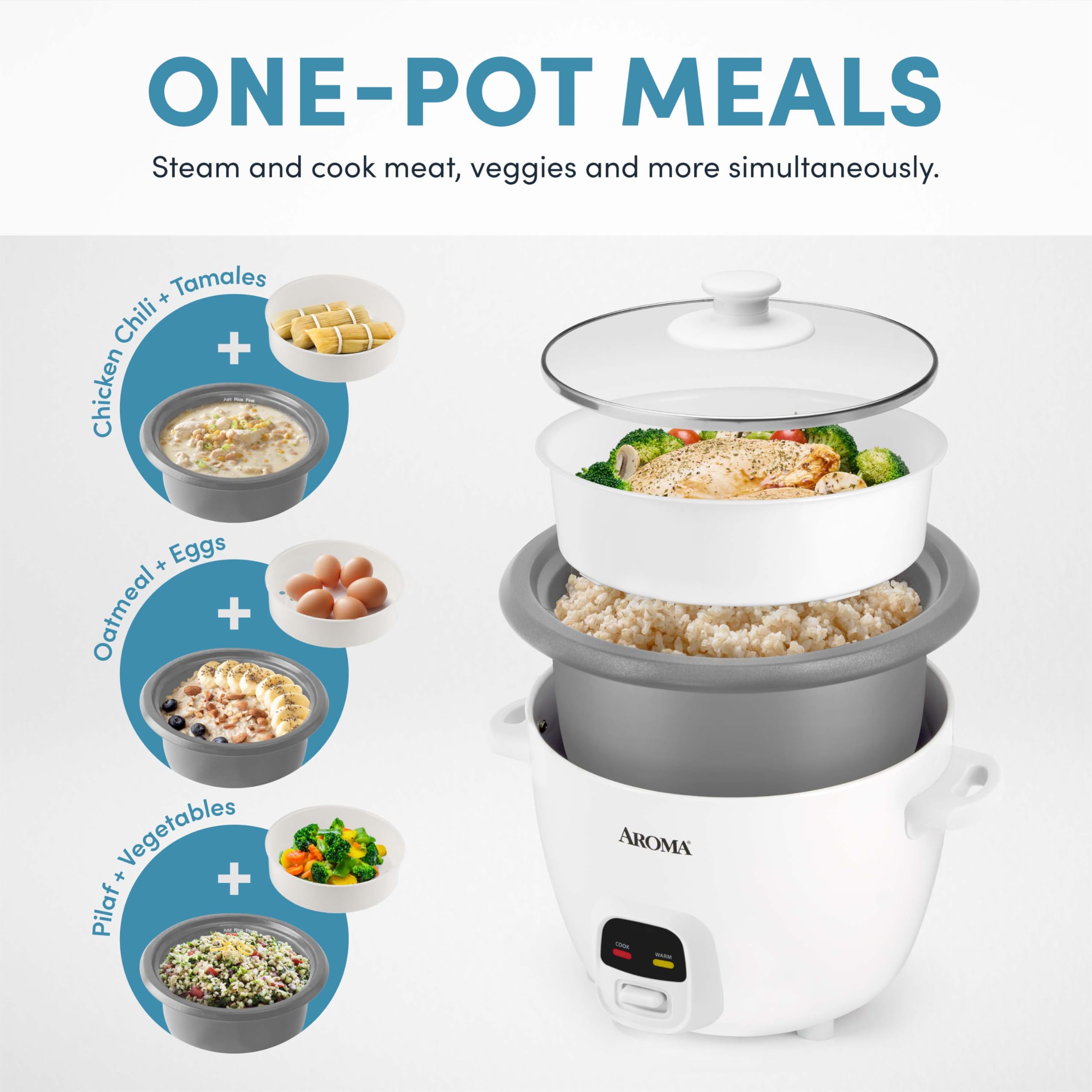 AROMA® 20 tazas (cocida) olla de arroz con un toque y vapor de alimentos con calentamiento automático | 10 tazas sin cocer, 20 tazas cocidas (ARC-390NGP)