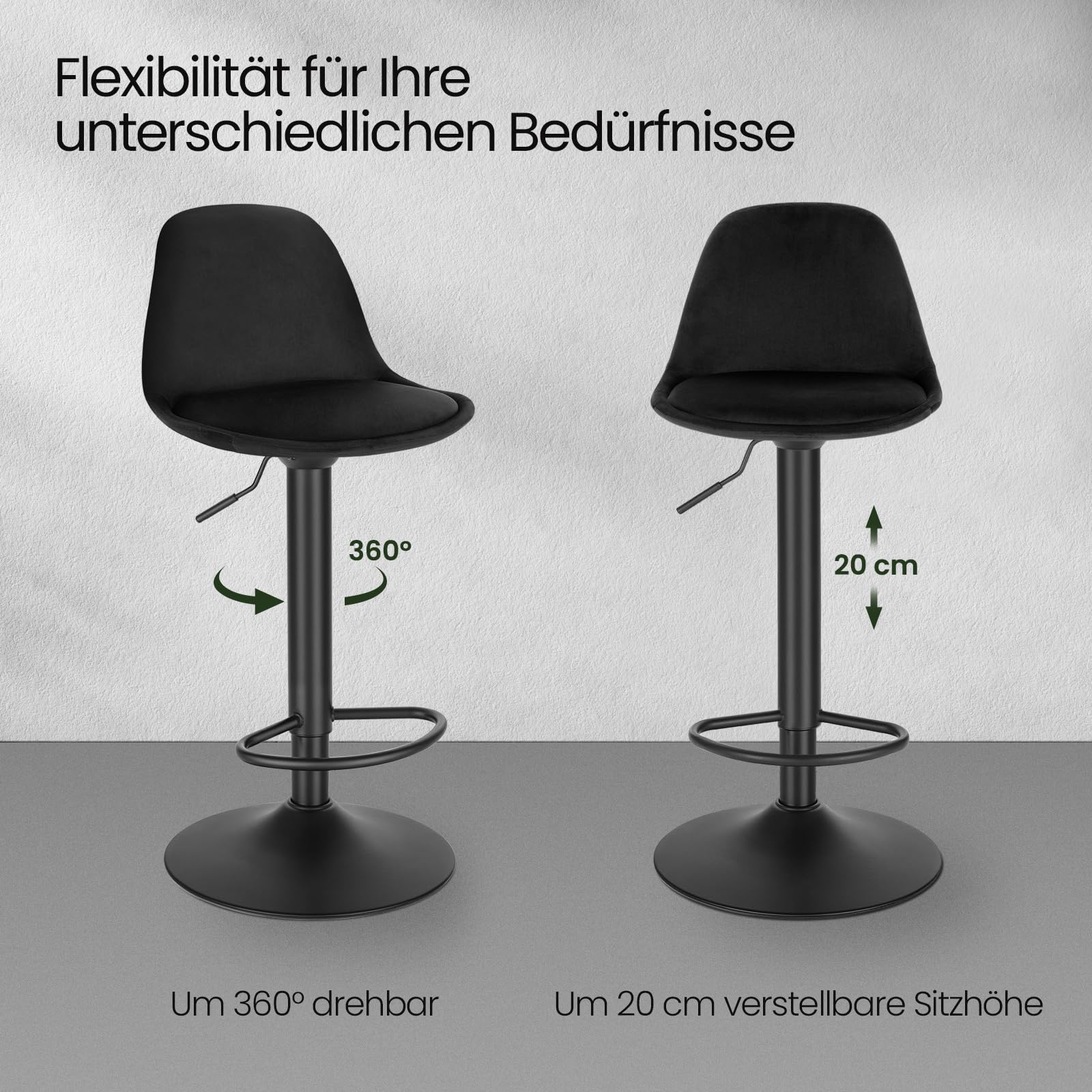 EUGAD Barhocker, für Bar Küchen & Esszimmer, 360° drehbarer höhenverstellbar, Barstuhl mit Rückenlehne Fußstütze, aus Samt, Schwarz