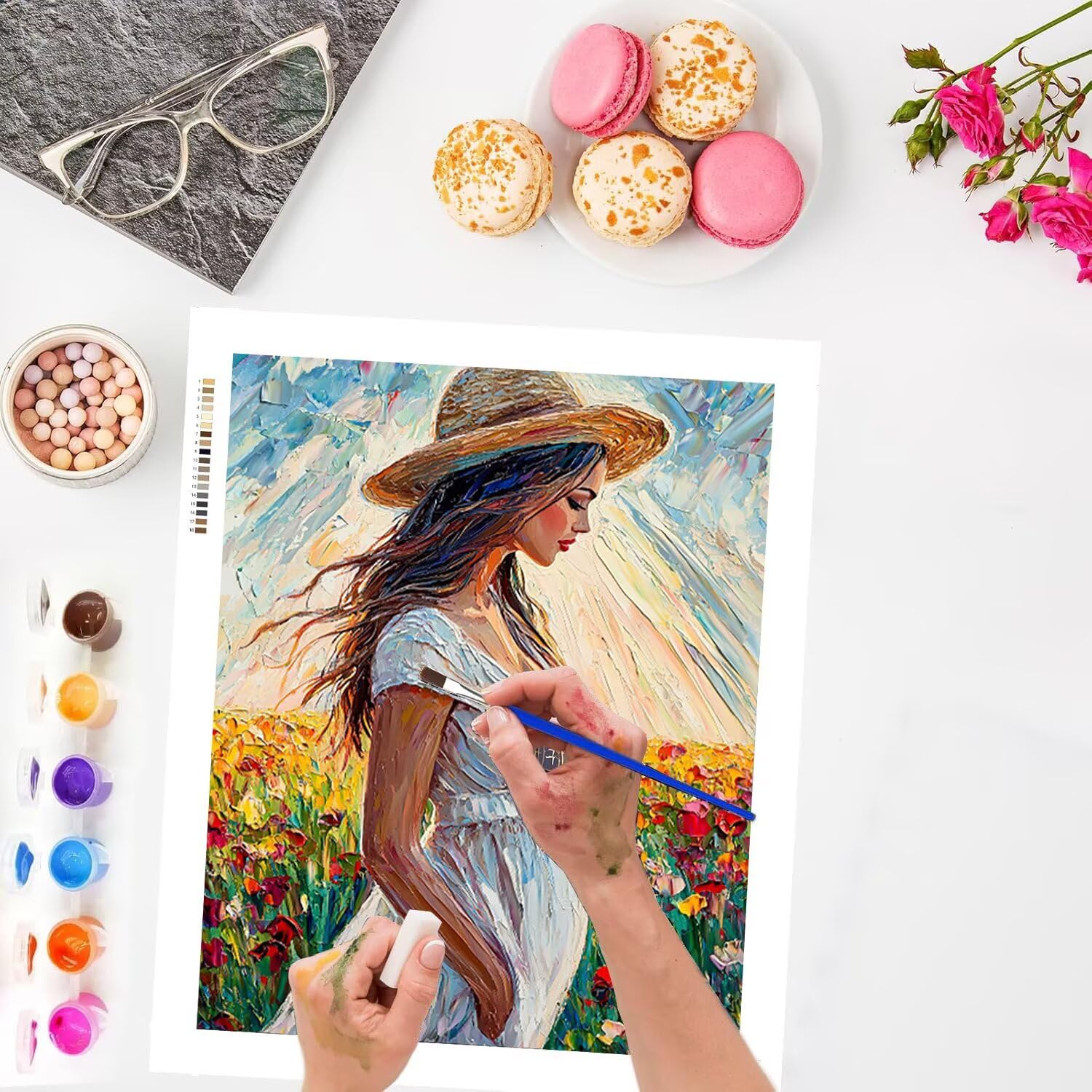 Donna nel campo di fiori Dipingere con i Numeri per Adulti, 70x90cm a-460 | Paint by Numbers Kit con Pennelli e Acrilico Pigmento, Fai da te Olio La Pittura di Numeri Kit, Decora la Casa, senza Cornice