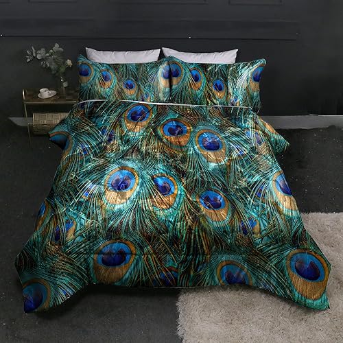 BlessLiving Juego de edredón de satén de plumas de pavo real, juego de ropa de cama sedosa de 3 piezas azul aguamarina turquesa con edredón, colcha
