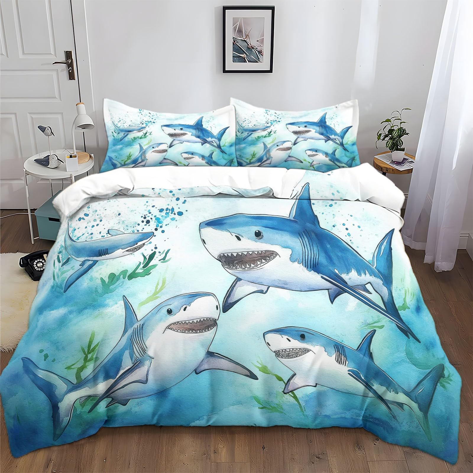 Générique Housse de Couette 200 x 200 cm en Microfibre Animaux de Bande Dessinée, Ensemble de Literie Animal de Bande Dessinée Requin Algues, Respirant et Ultra Doux, Parure de Lit Imprimée Légère