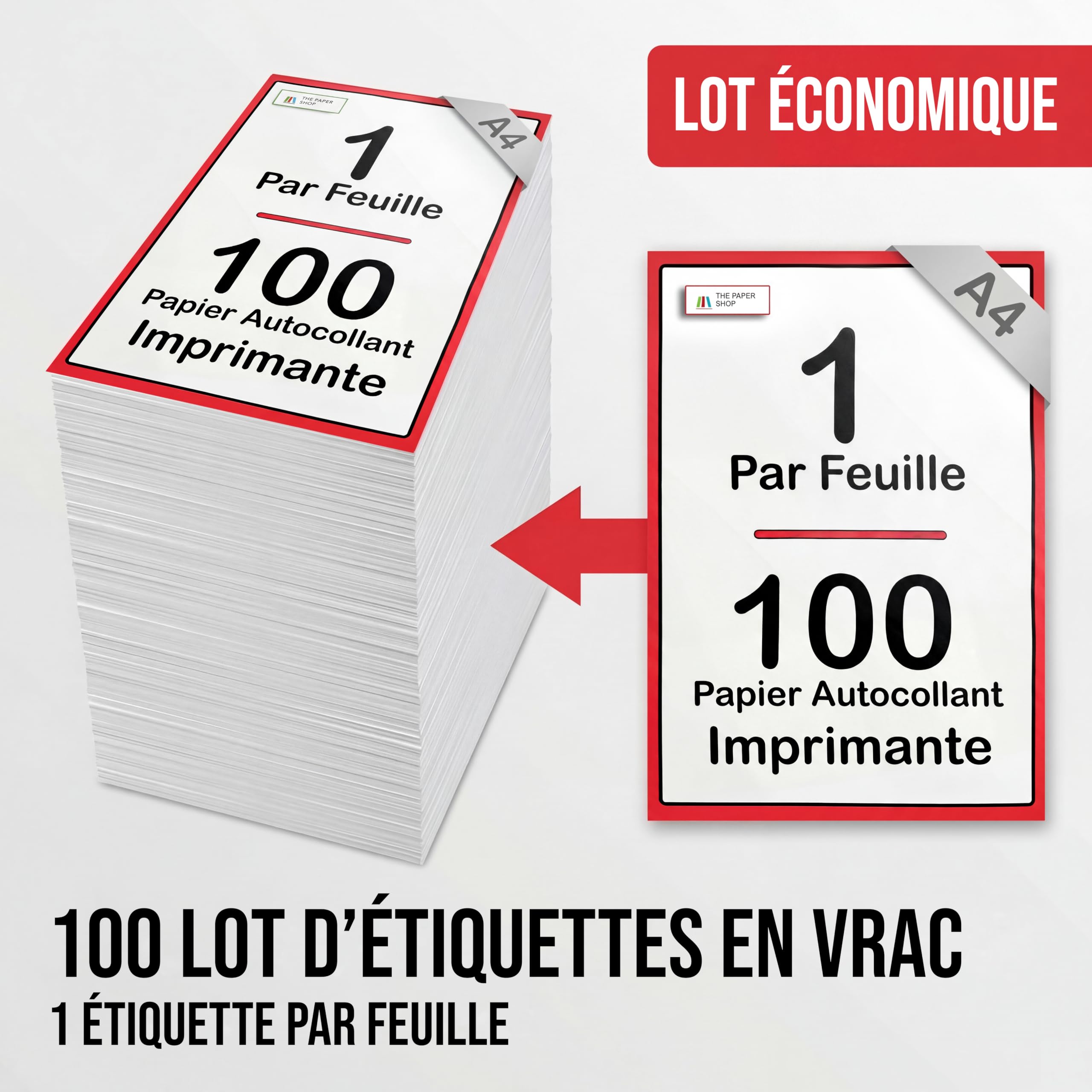 The Paper Shop Étiquettes Autocollantes A4 Feuille Unique | 100 Feuilles Imprimables Blanches 297 x 210 mm | Papier Autocollant Imprimante A4 | Étiquettes Bureau Expédition