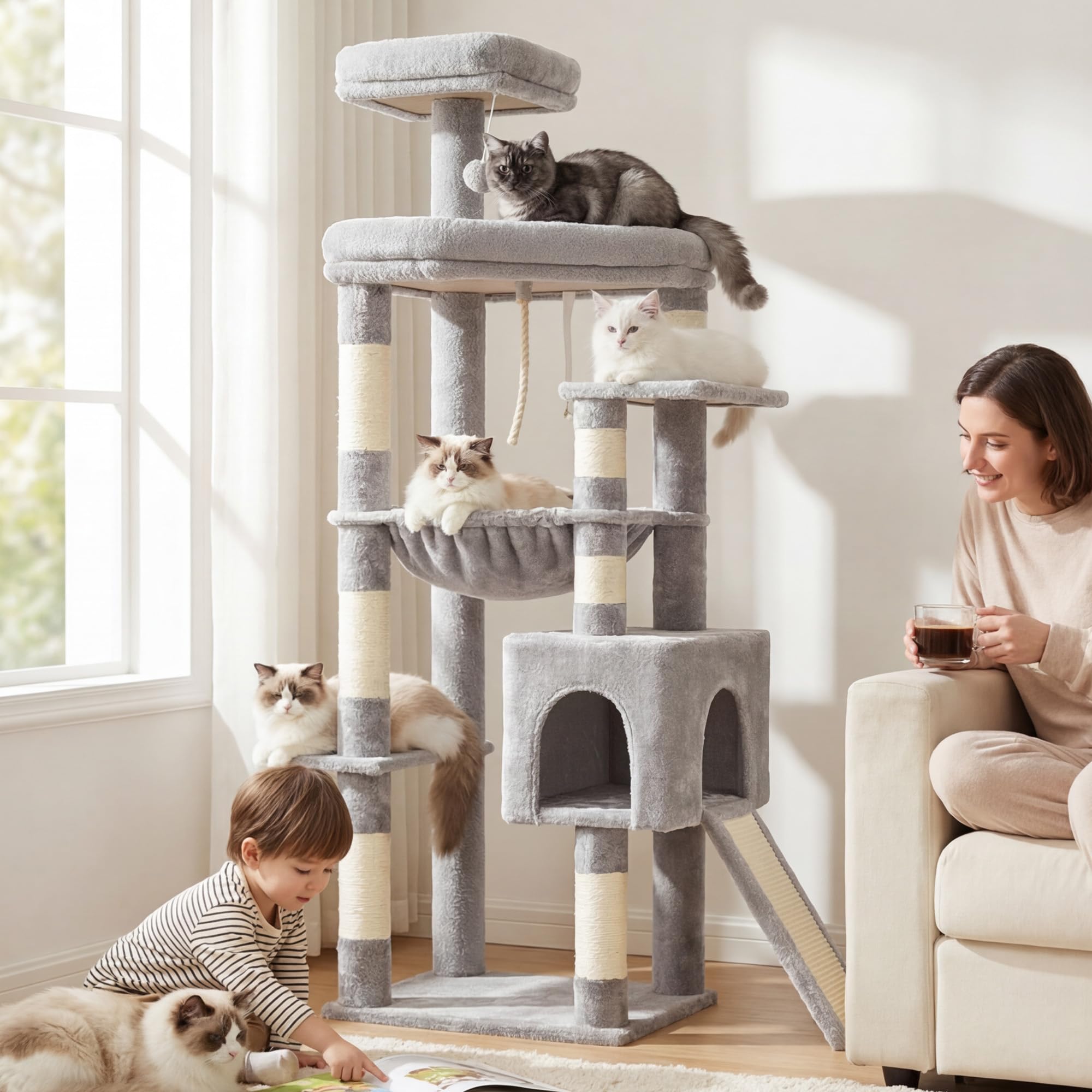 Heybly Albero Tiragraffi per Gatti Robusto 163 cm, Struttura Allargata con Grandi Piattaforme. Graffioio in Sisal Integrato, Amaca XXL e Cuccia. Mobile Design Stabile per Gatti, Grigio Chiaro HCT027W