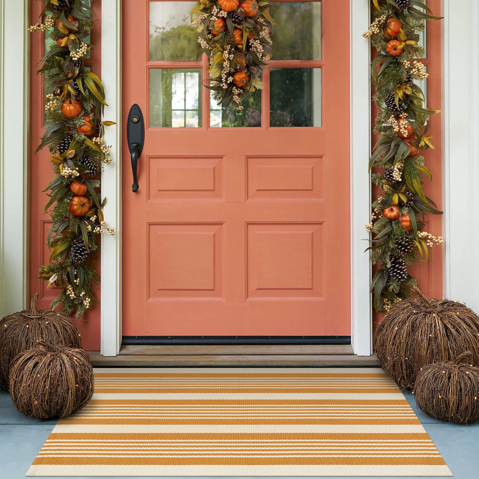Orange Striped Outdoor Rug, 3'x5' Cotton Hand-Woven Reversible Area Rug Fall Front Porch Rug Washable Front Door Mat Welcome Layered Halloween Doormat Small Rug for Entryway, Farmhouse, Autumn Decor